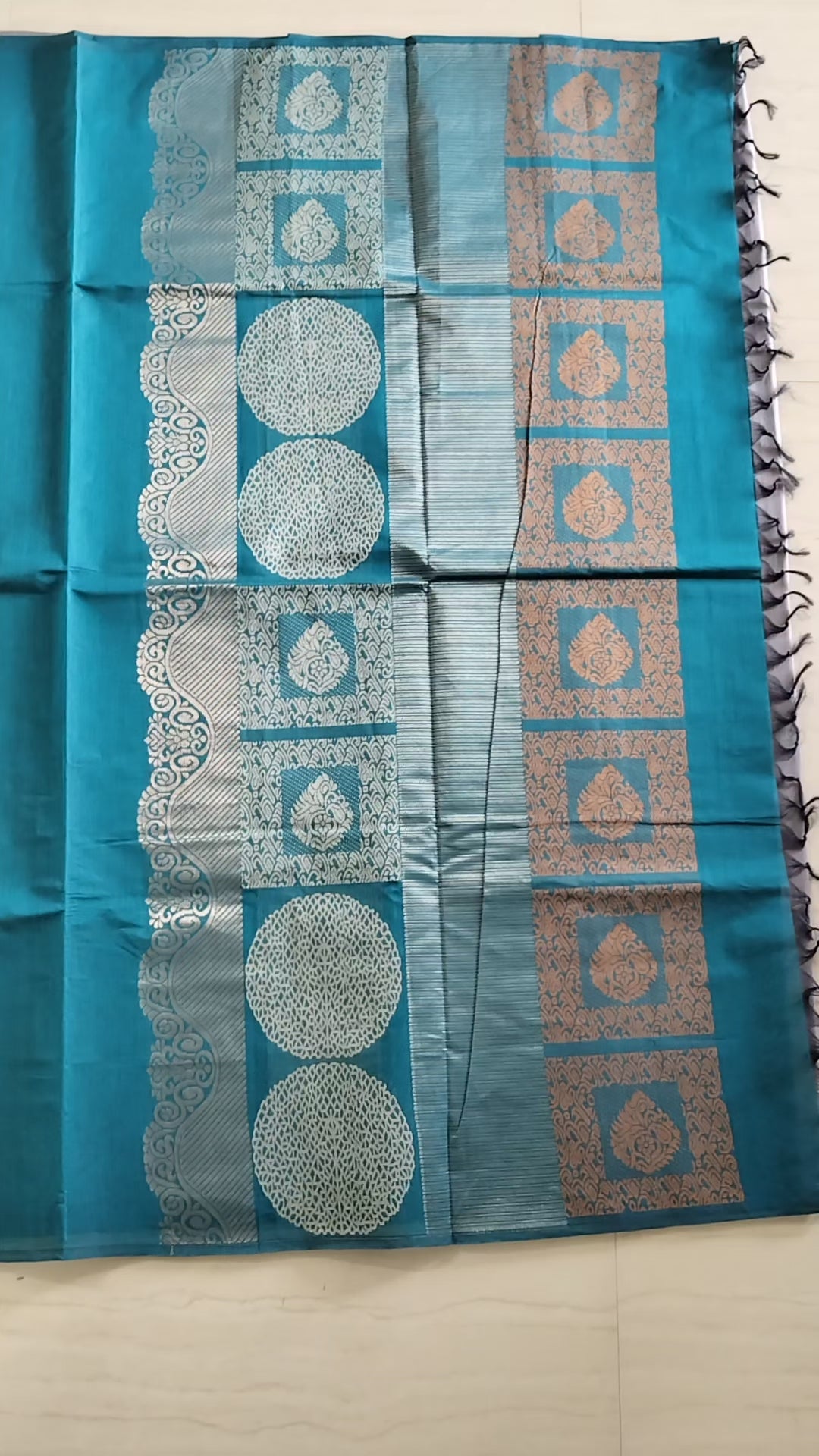 Blue cotton saree with silver & copper zari buttas
