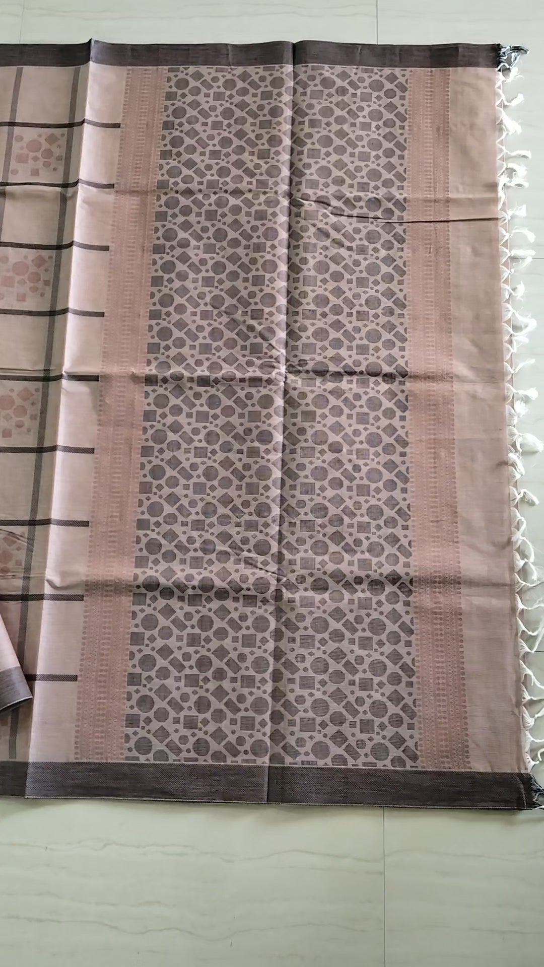 Latte beige checked cotton saree