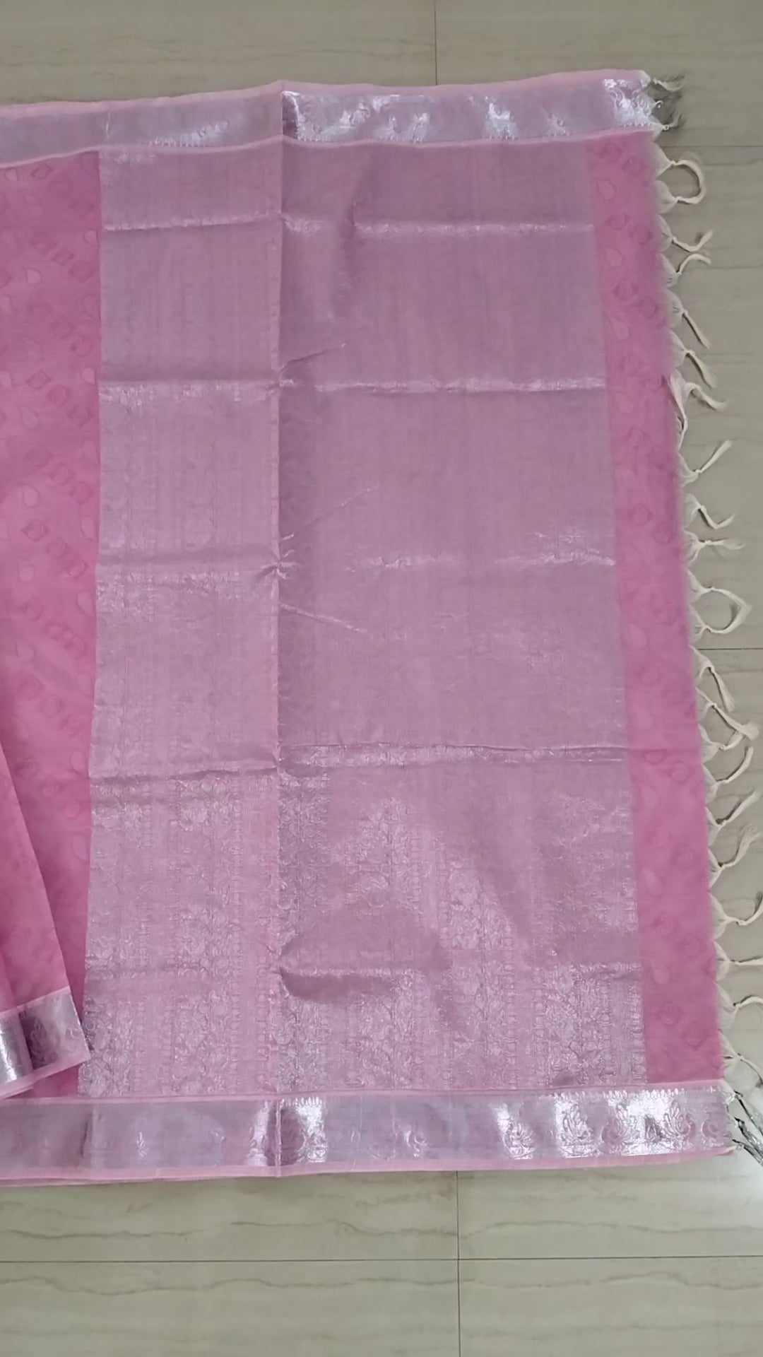 Pink embossed cotton saree silver border and silver pallu