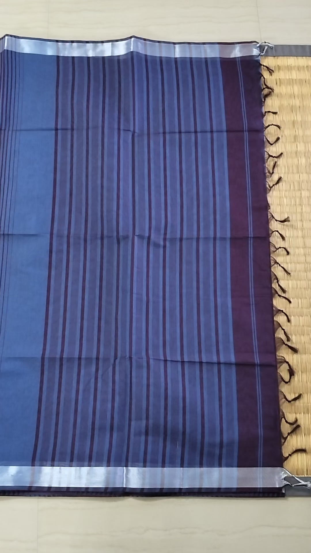 Blue cotton saree with Maroon stripes pattern and silver zari