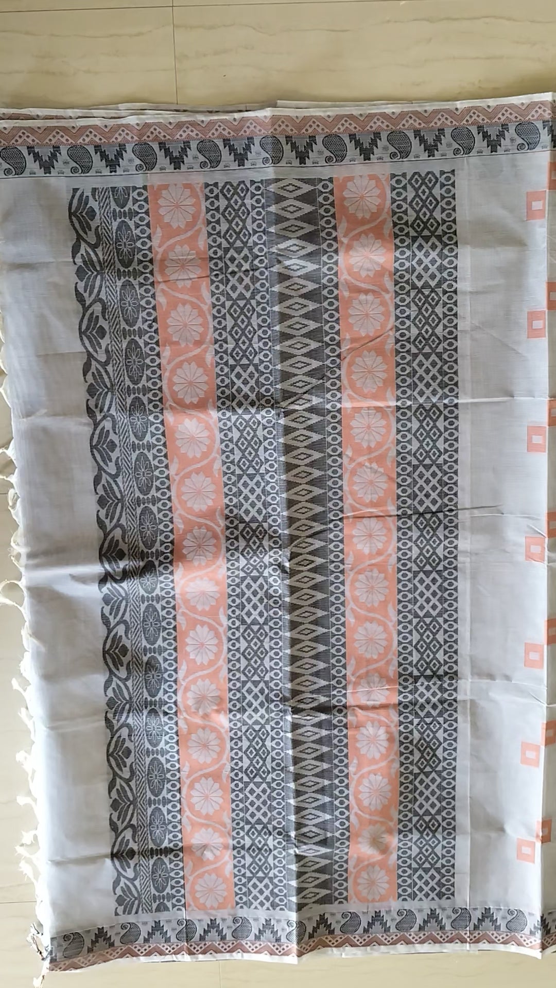 Grey cotton saree with square buttas
