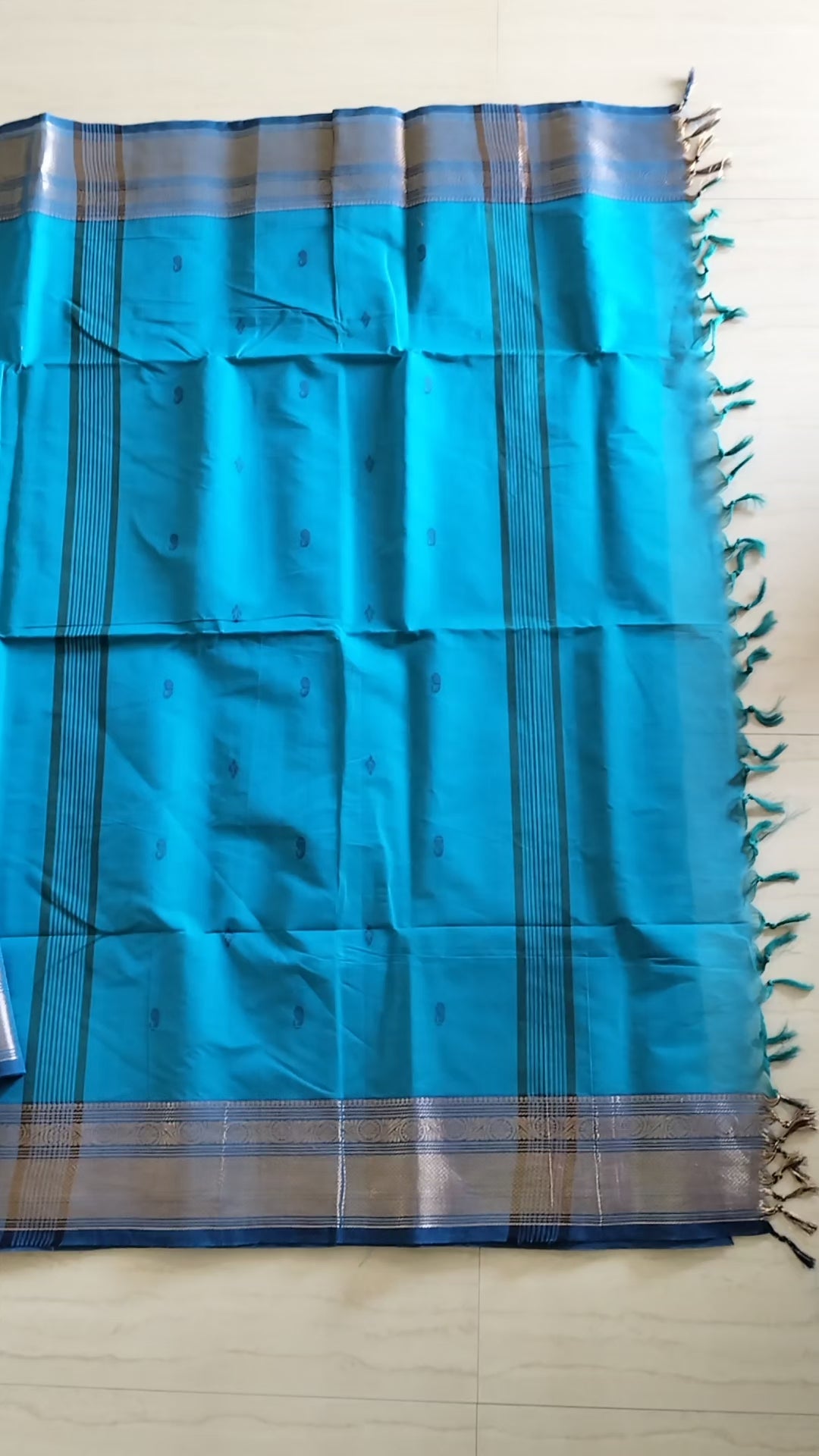 Blue chettinad cotton saree with Mango buttas and zari border