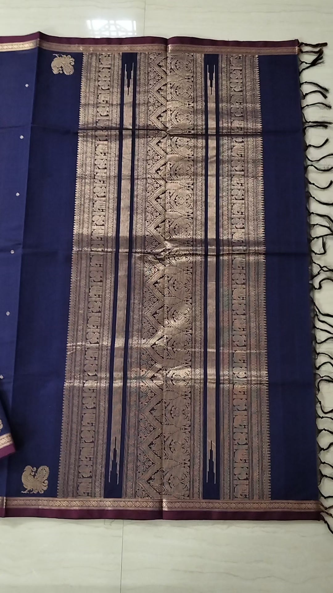 Blue golden zari cotton saree with small buttas & grand pallu