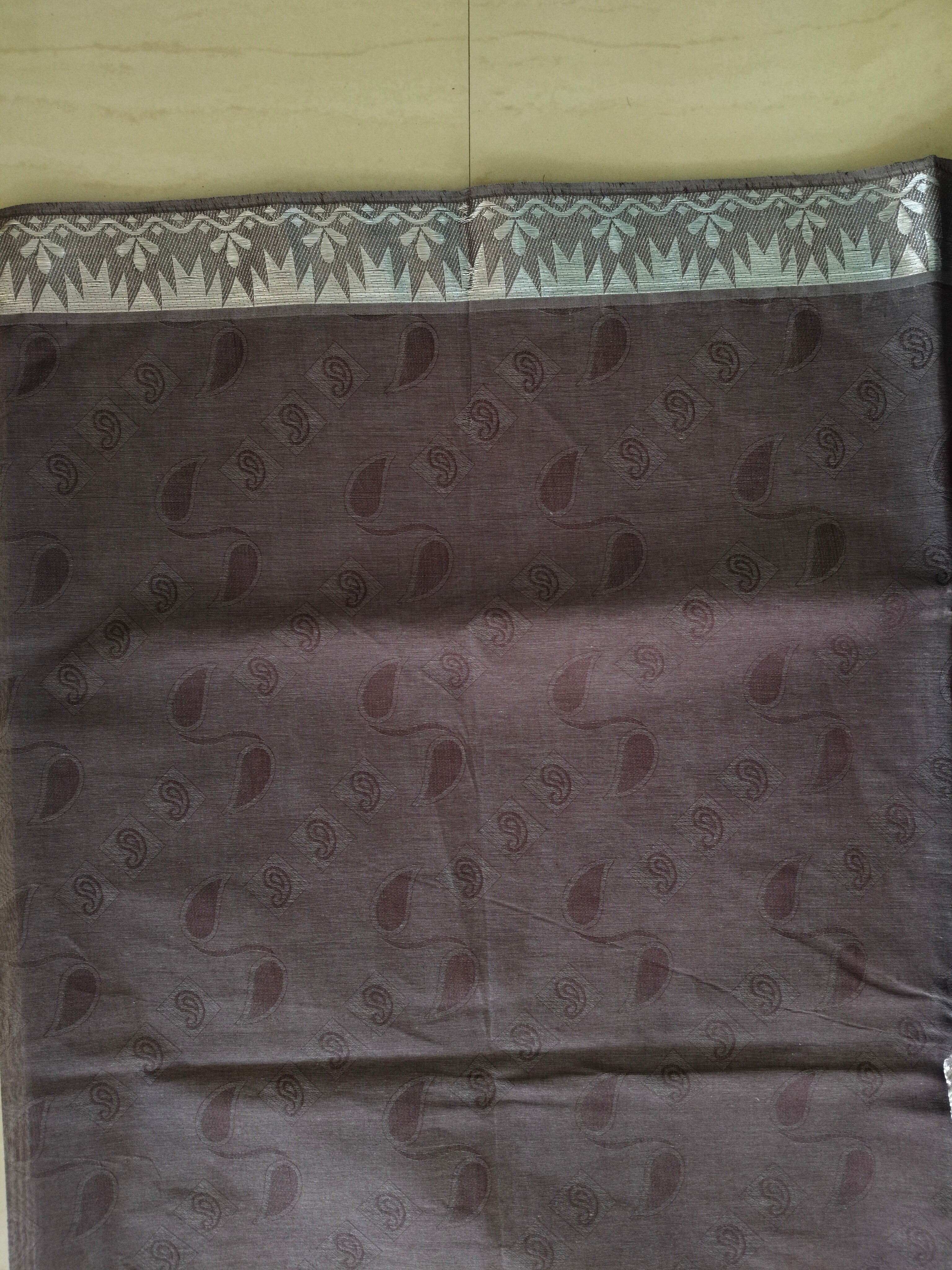 Chocolate brown embossed cotton saree with silver border and silver pallu