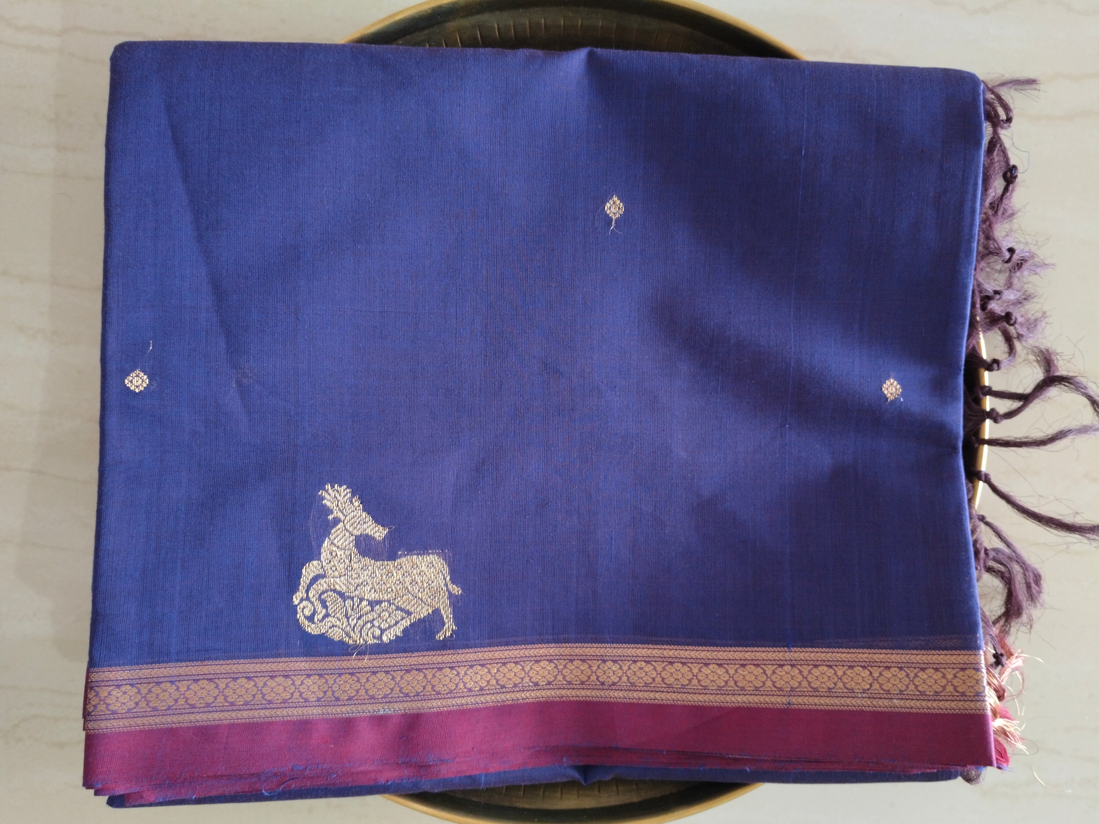 Blue golden zari cotton saree with small buttas & grand pallu