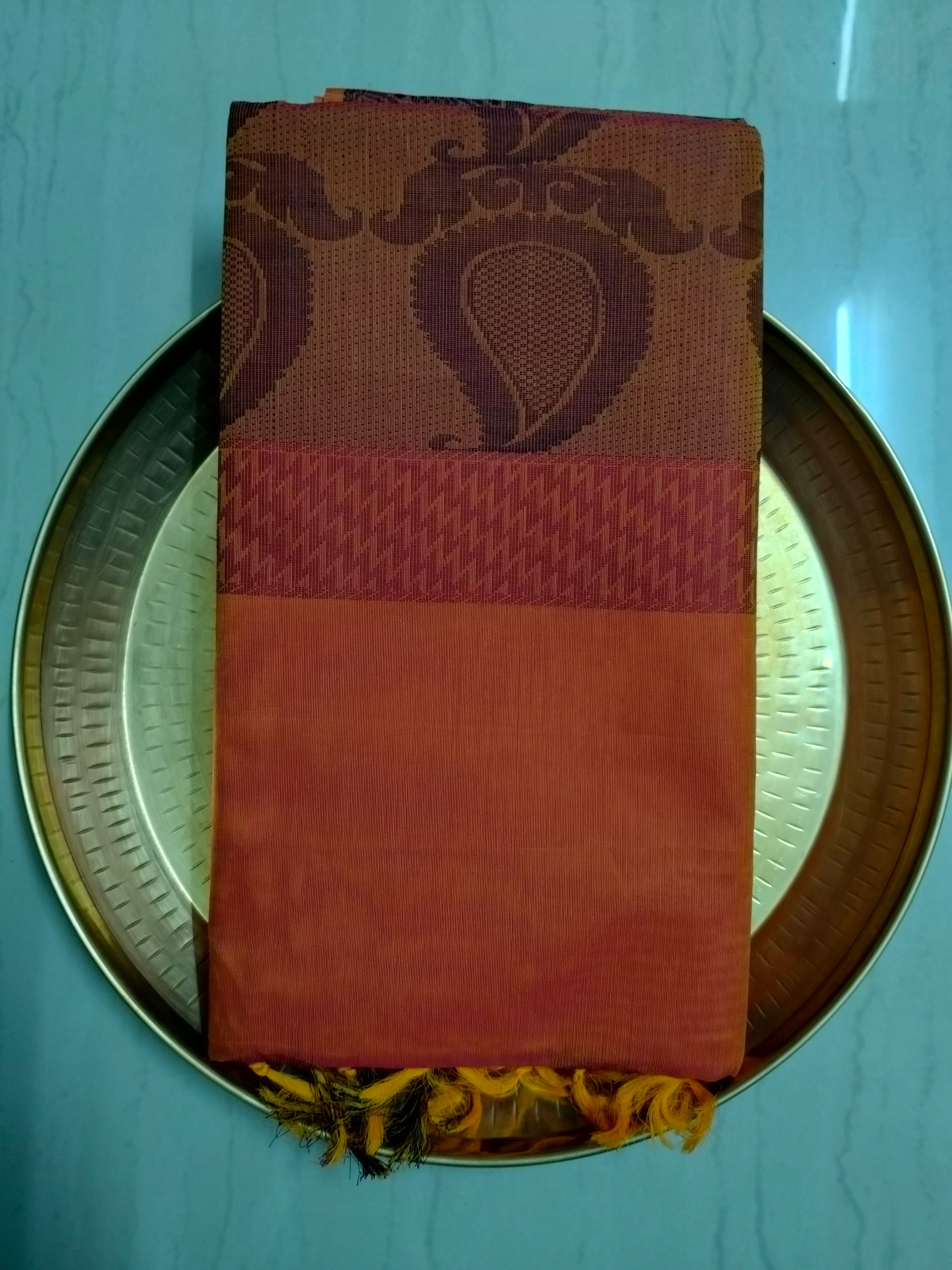 Lava Orange cotton saree with Mango buttas & unique pineapple border