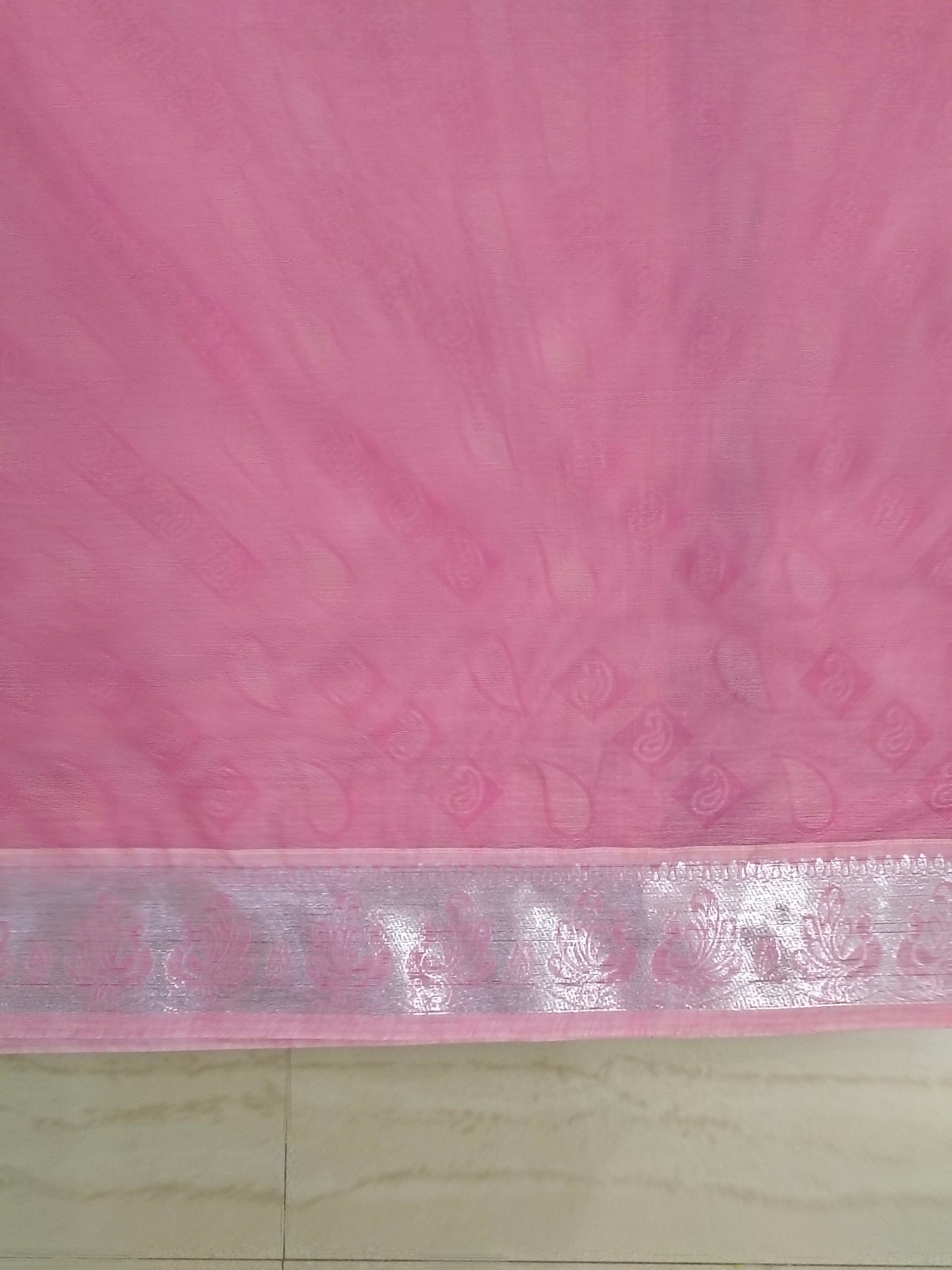 Pink embossed cotton saree silver border and silver pallu