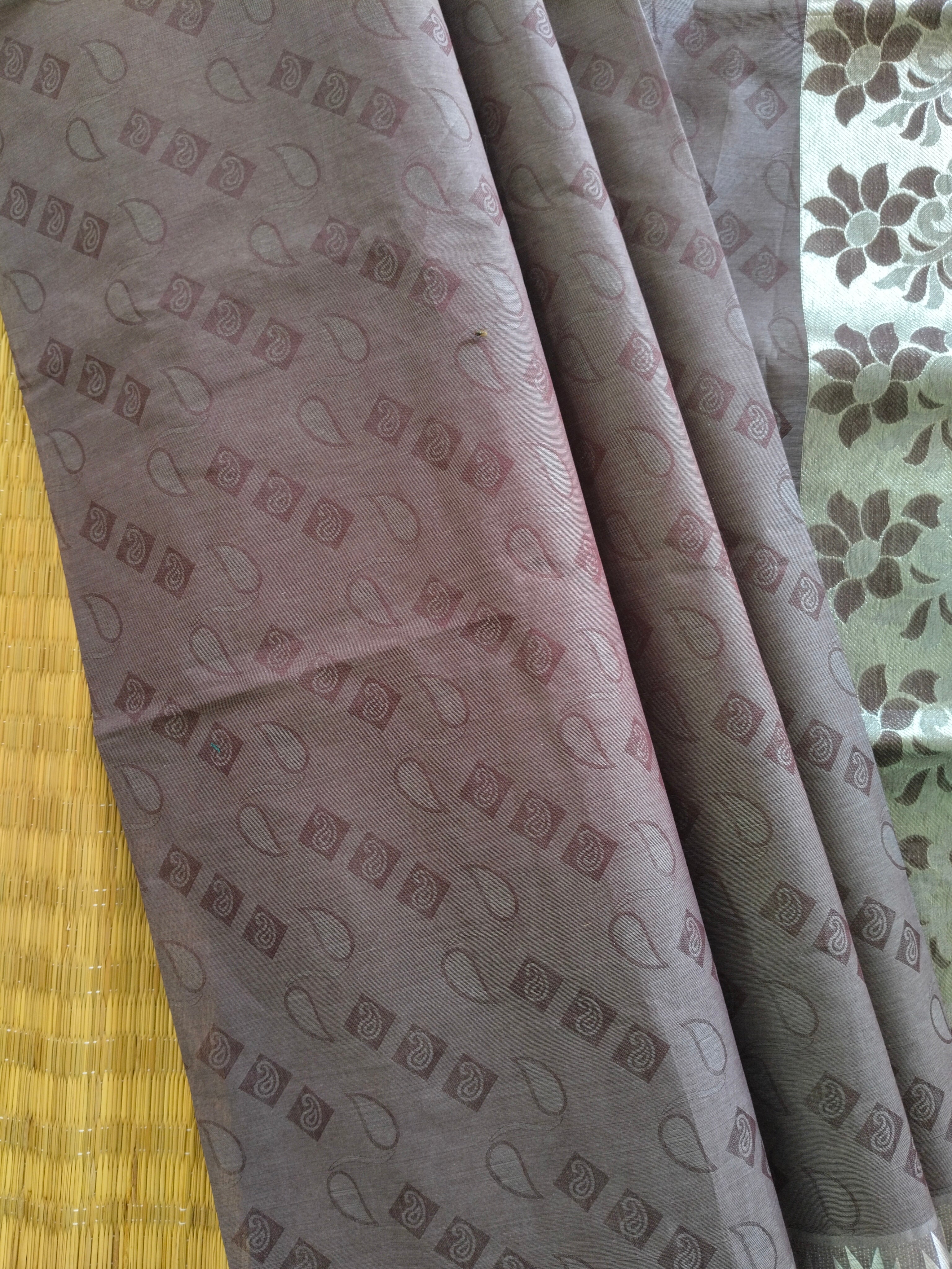 Chocolate brown embossed cotton saree with silver border and silver pallu