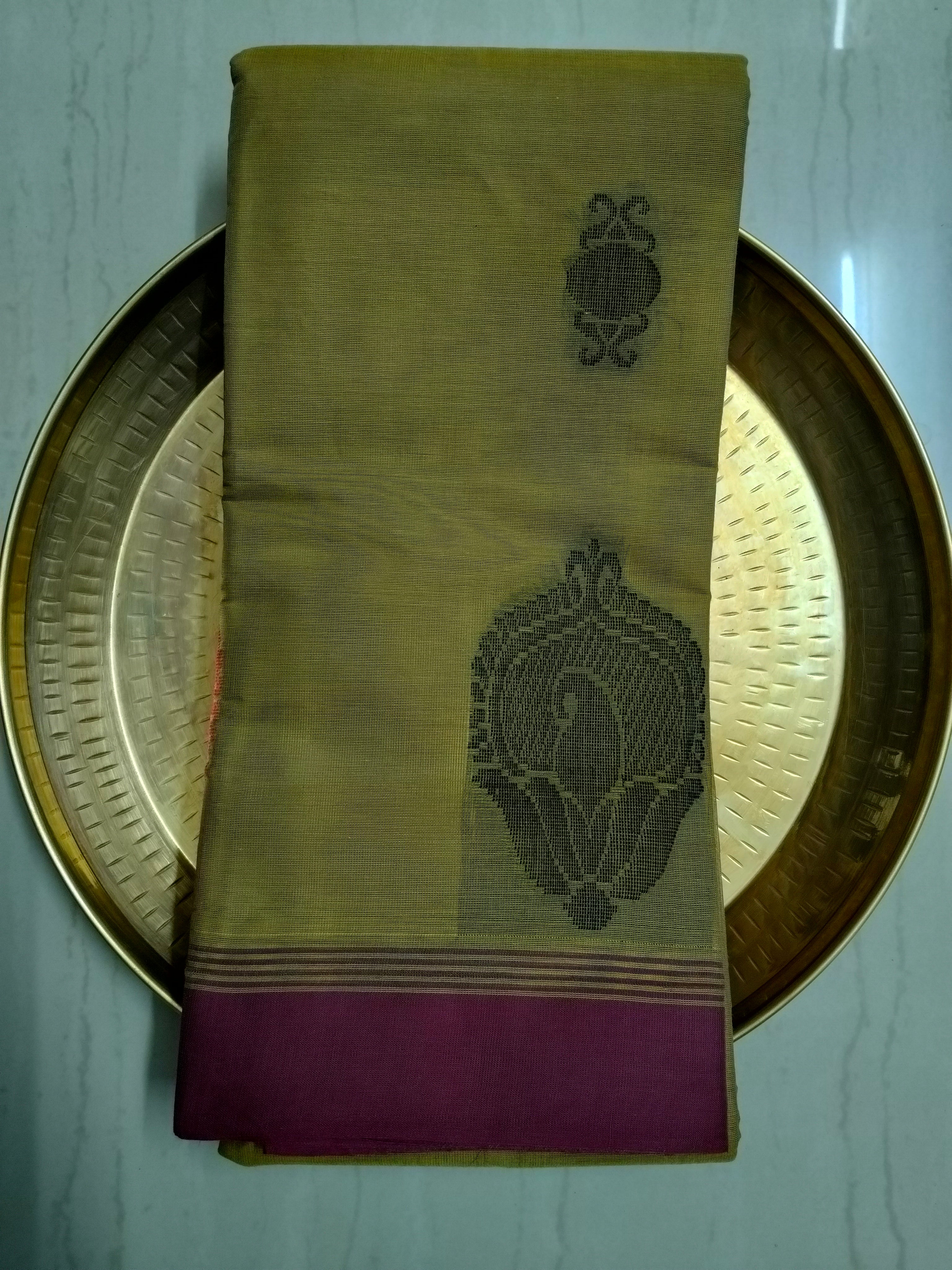 Mehandi green cotton saree with pink & black thread buttas