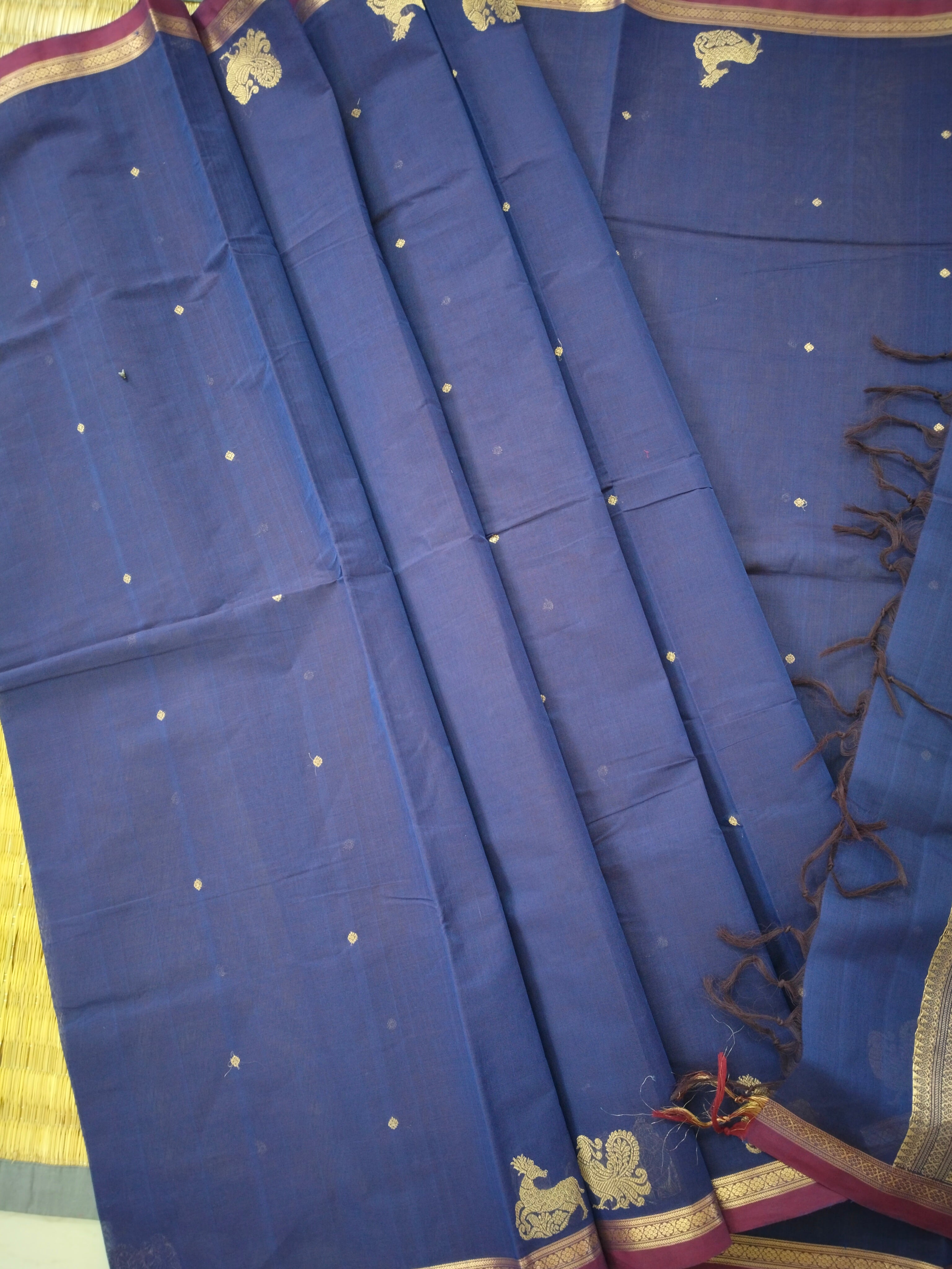 Blue golden zari cotton saree with small buttas & grand pallu