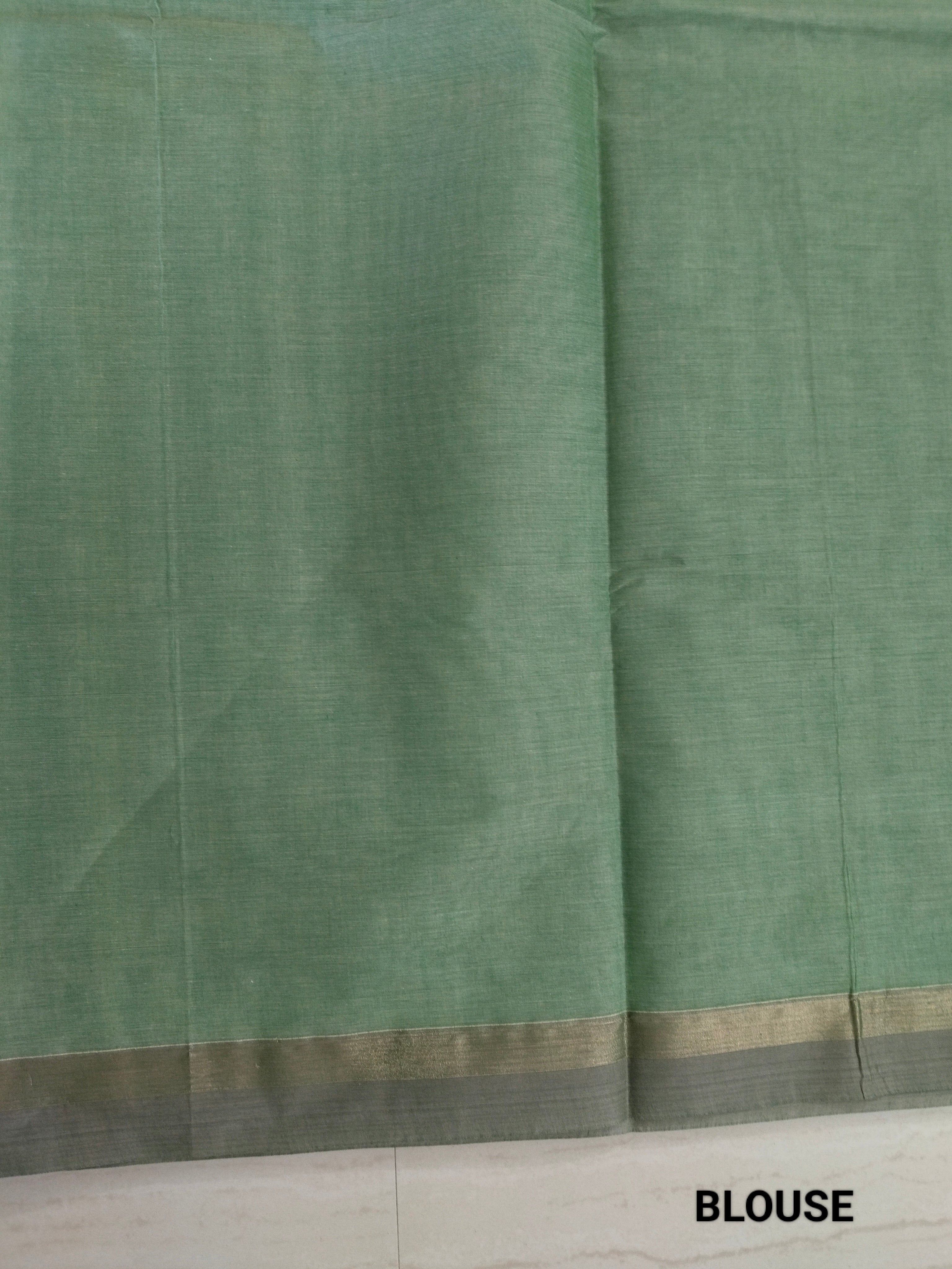 Green cotton saree with golden zari vertical lines & buttas