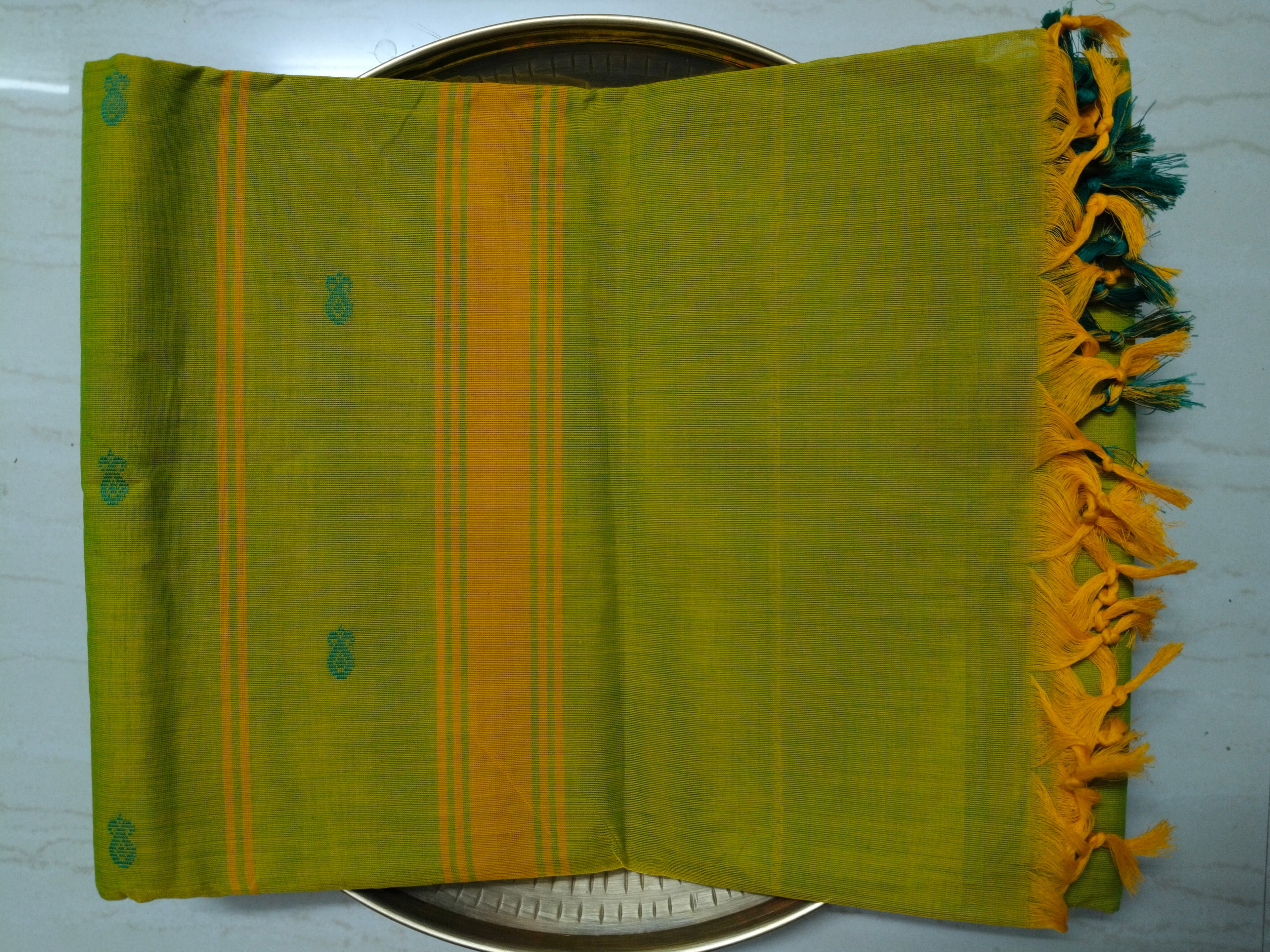 Bright yellow-green cotton saree with buttas all over