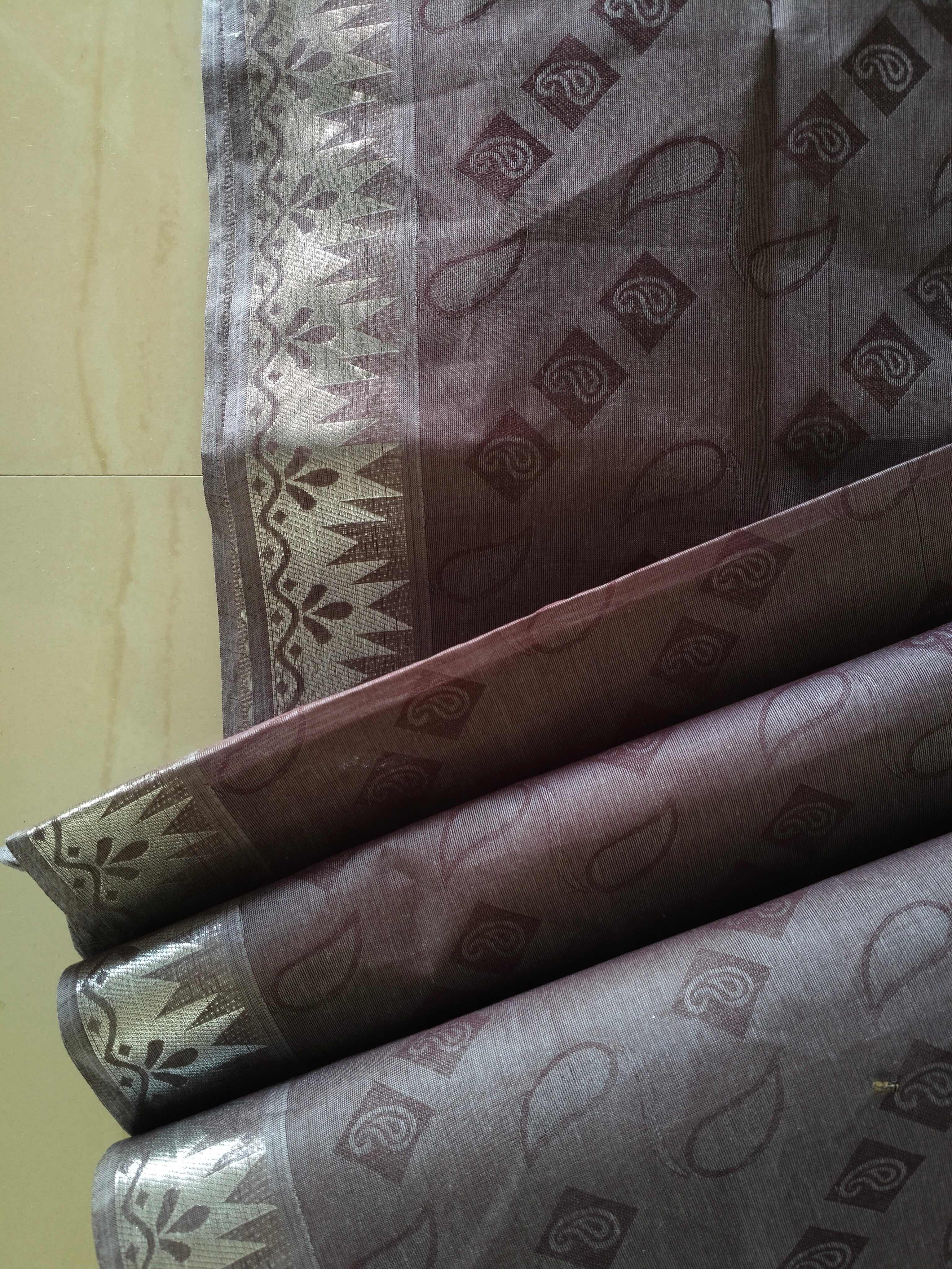 Chocolate brown embossed cotton saree with silver border and silver pallu
