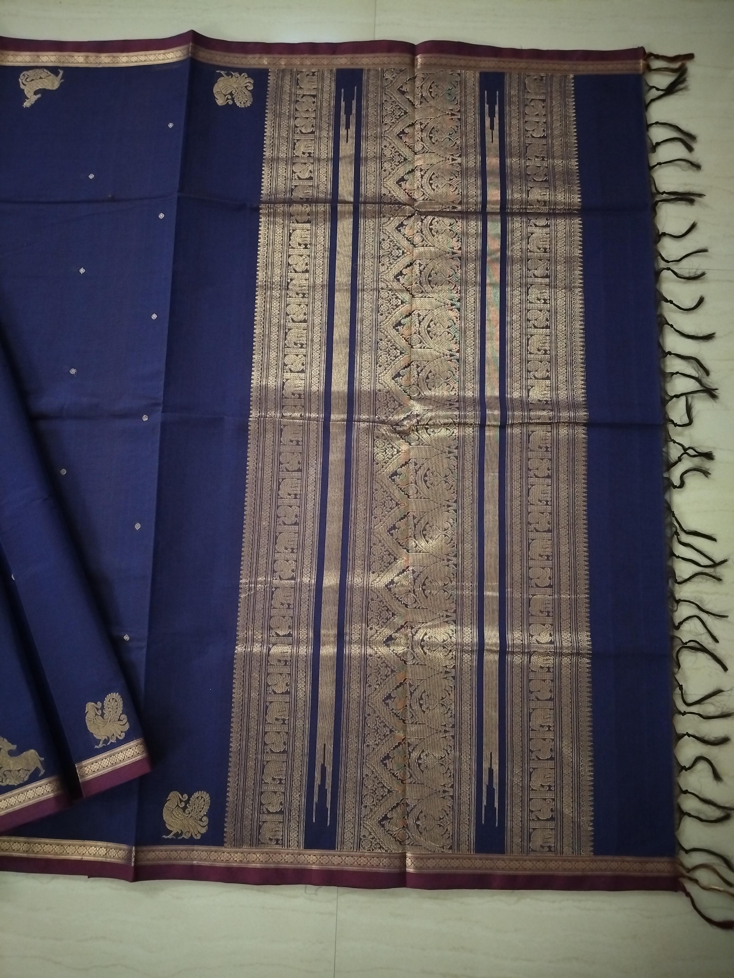 Blue golden zari cotton saree with small buttas & grand pallu
