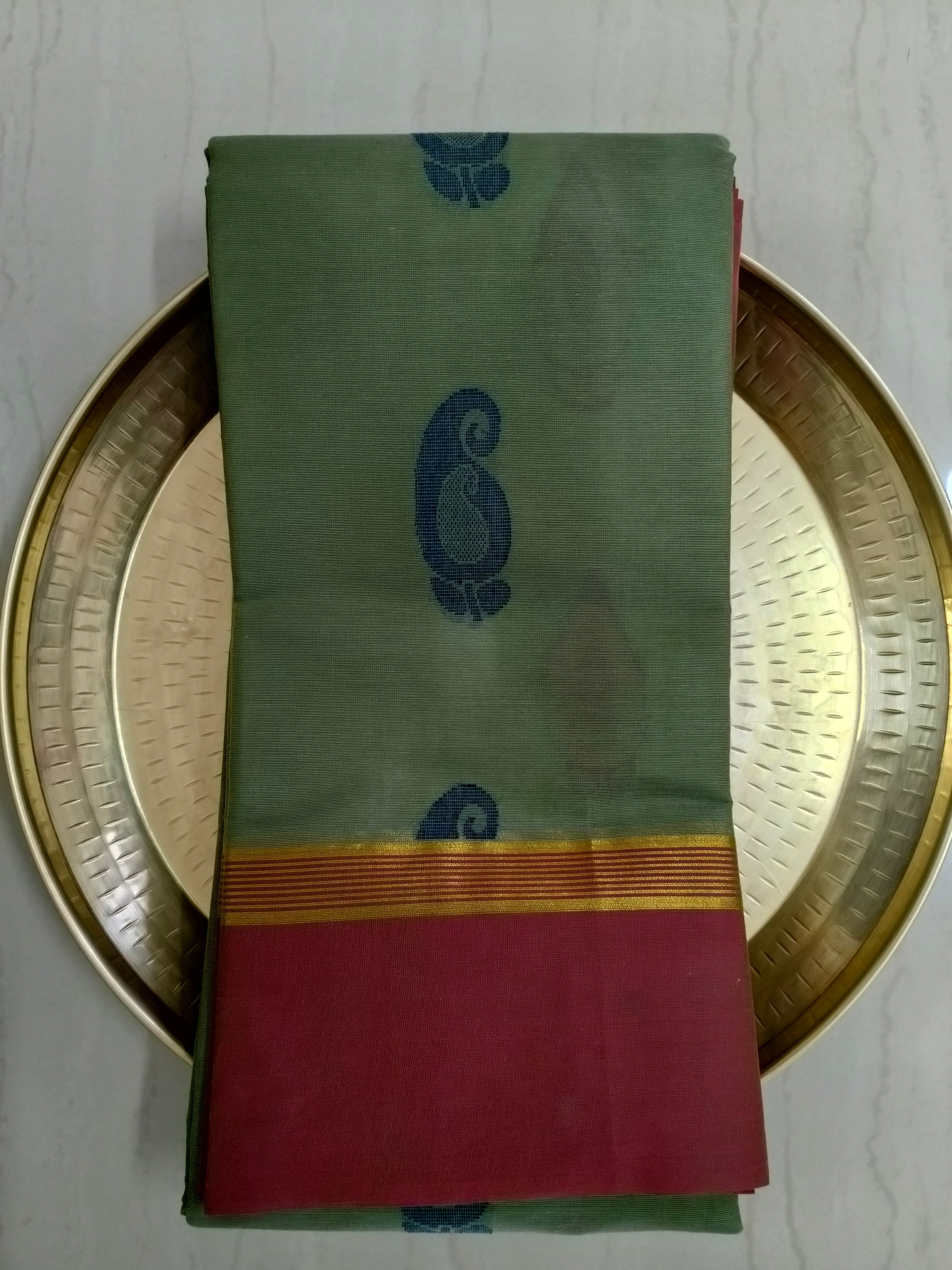 Grey Olive cotton saree with mango buttas