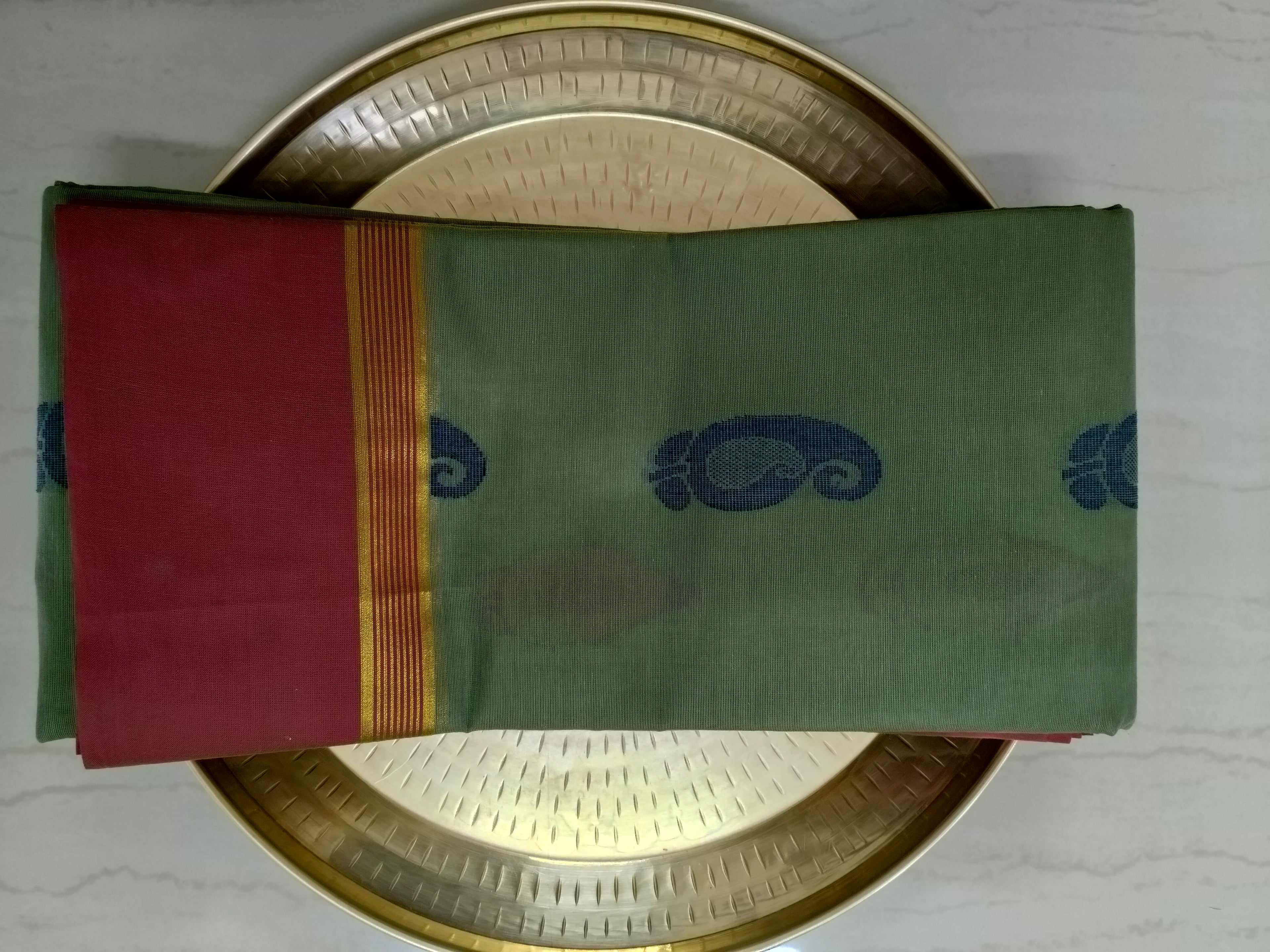 Grey Olive cotton saree with mango buttas
