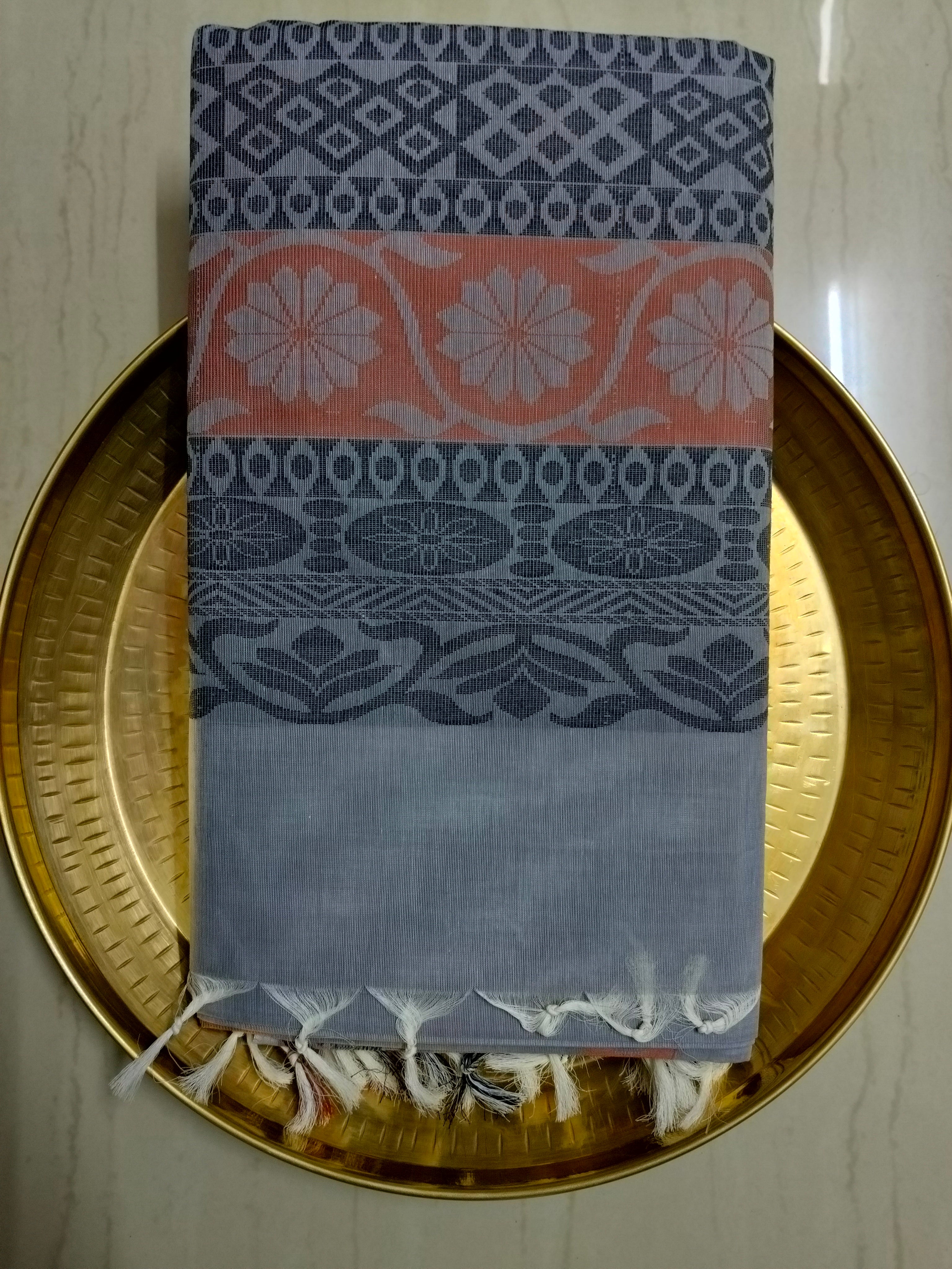 Grey cotton saree with square buttas