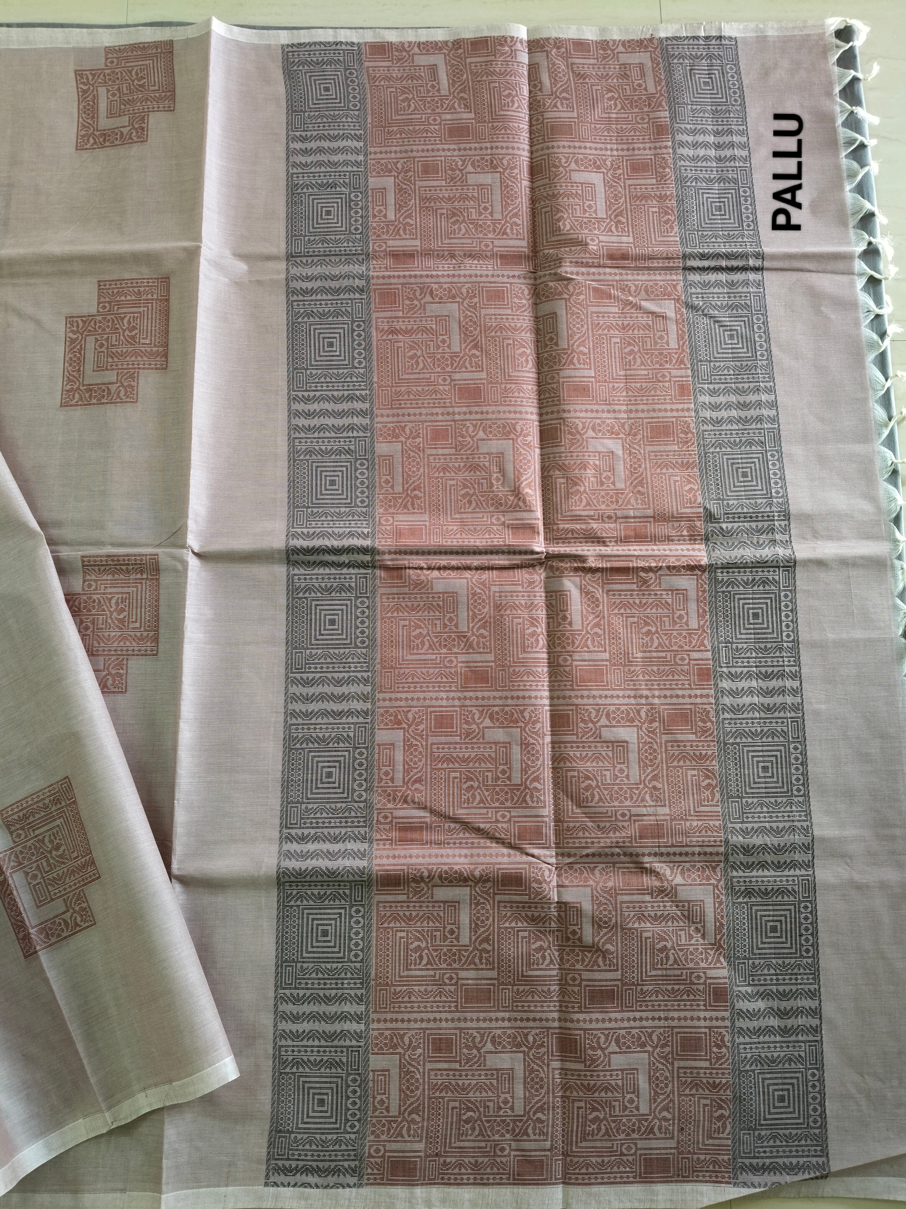 Almond pink cotton saree with square buttas