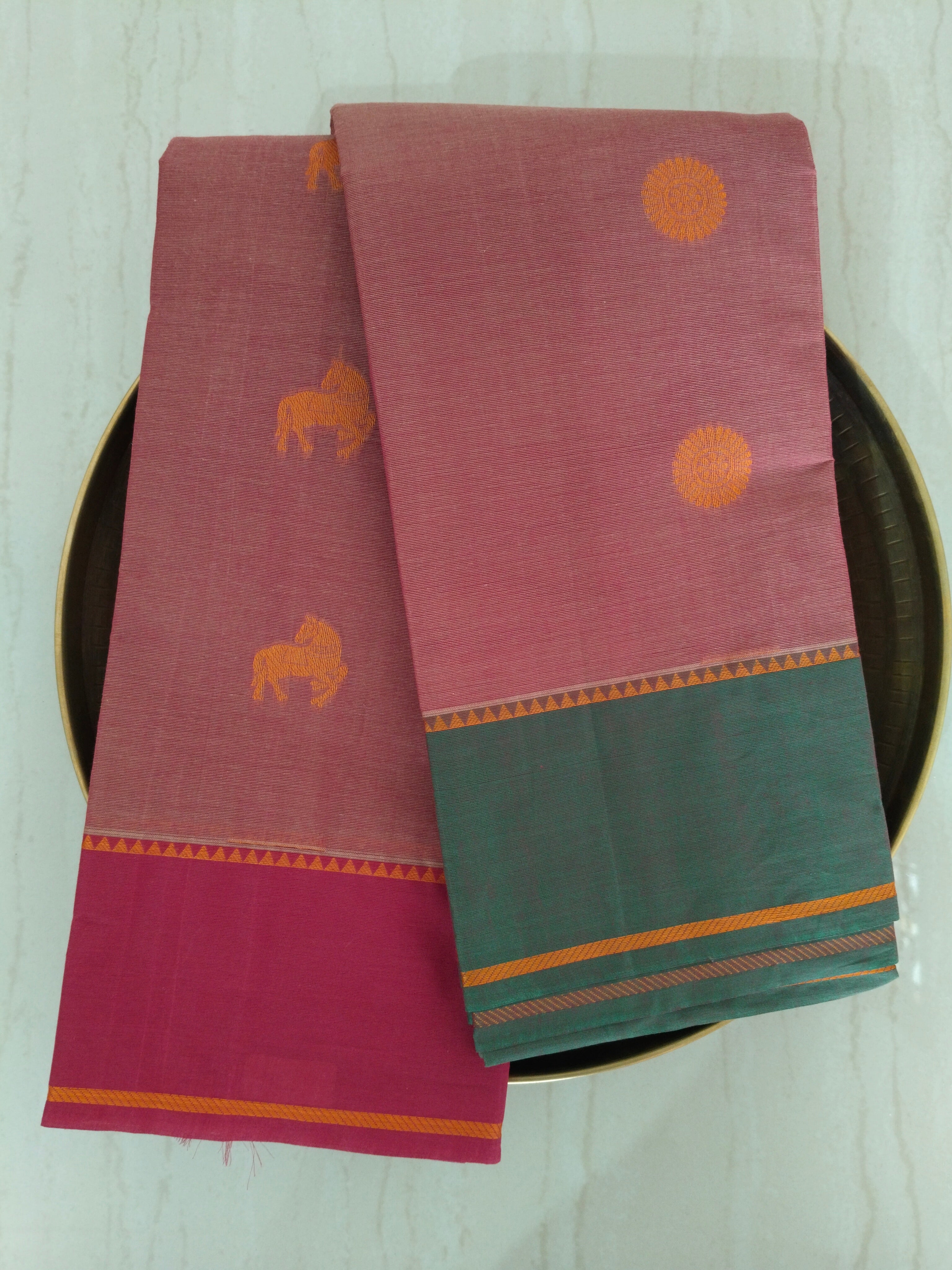 Deep Salmon cotton saree with horse & rudhrasham and ganga jamuna border
