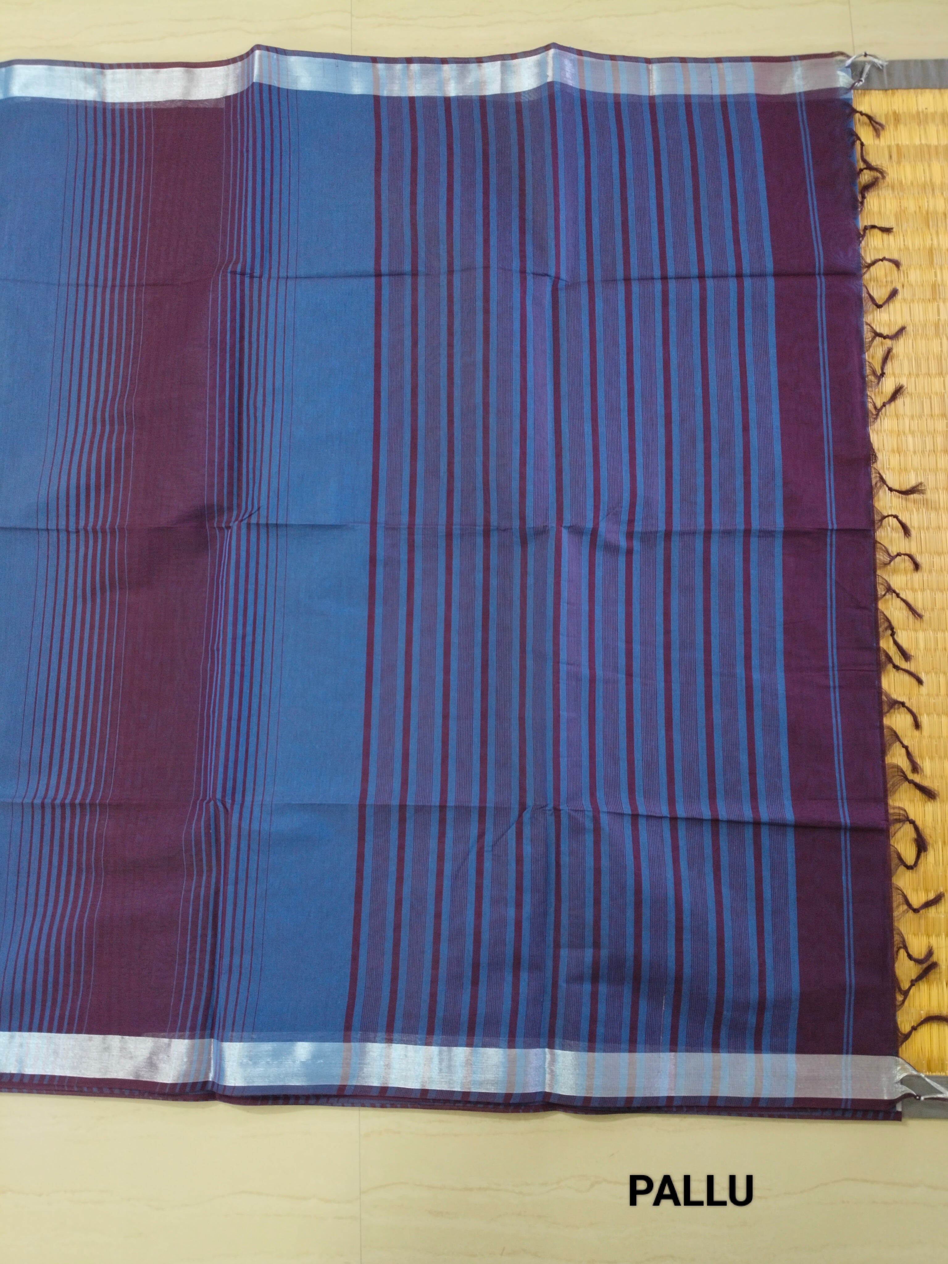 Blue cotton saree with Maroon stripes pattern and silver zari