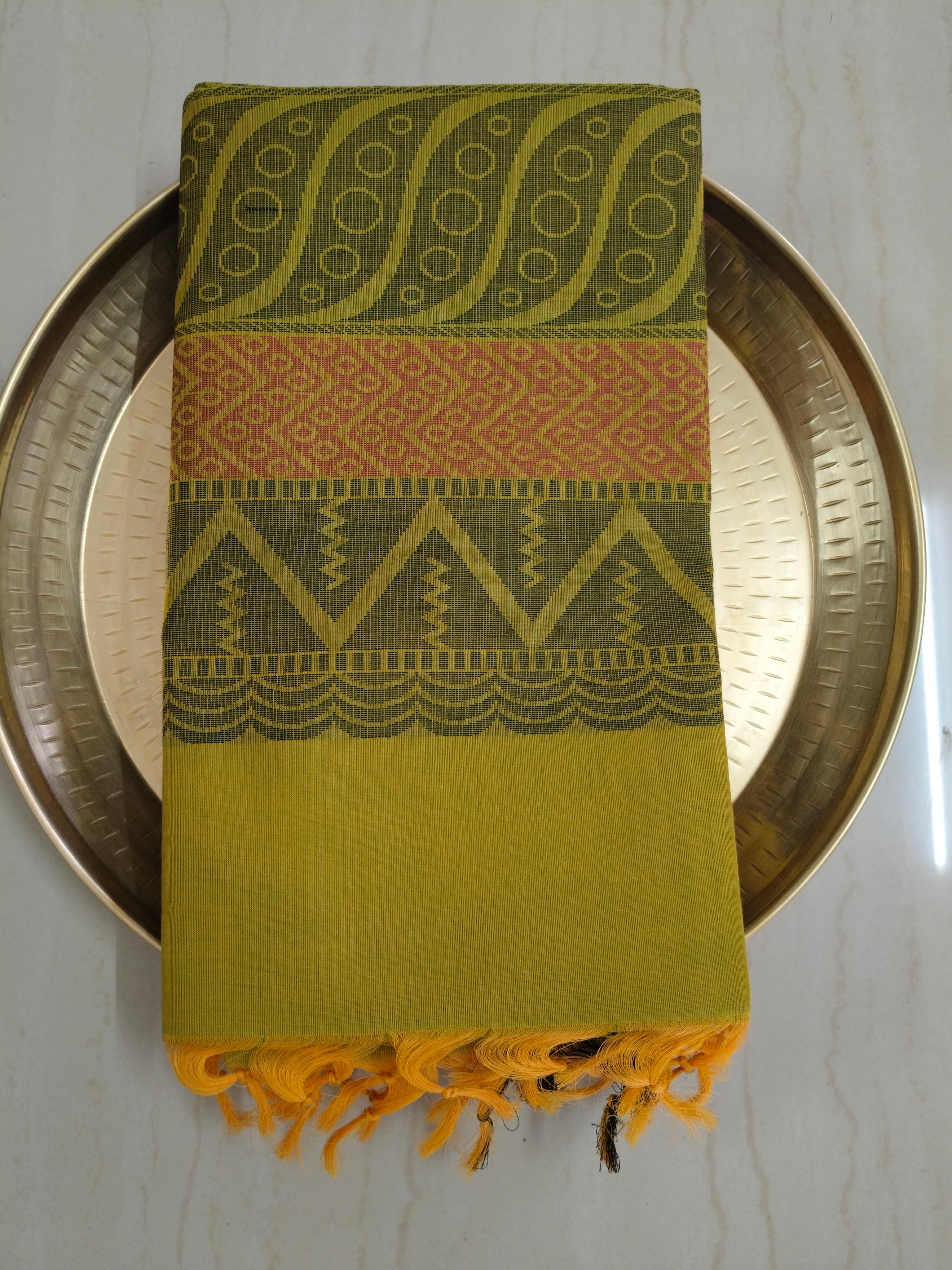 Mehandi green cotton saree with kolam buttas