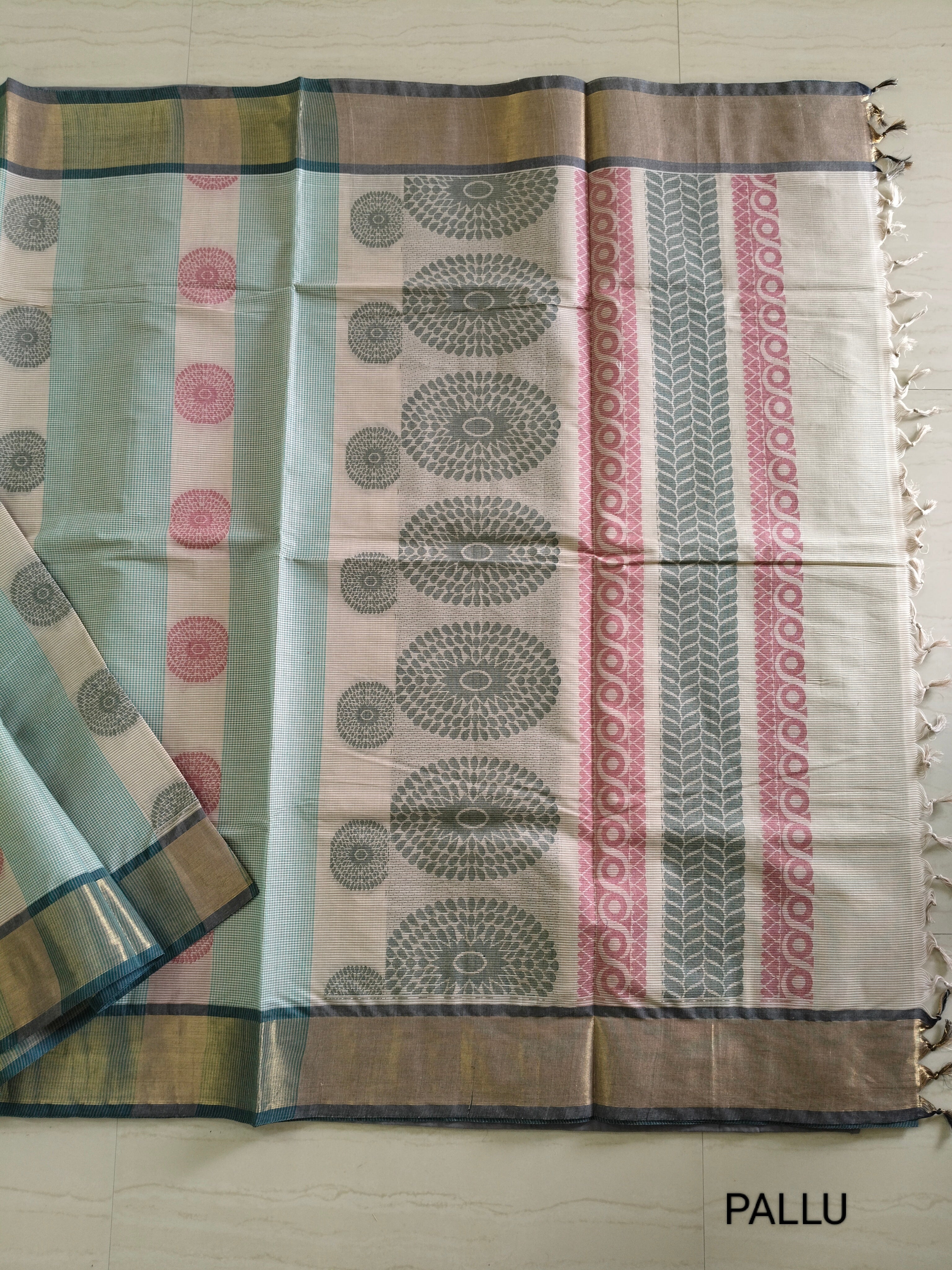 Green podi kattam & bisque beige cotton saree with zari border