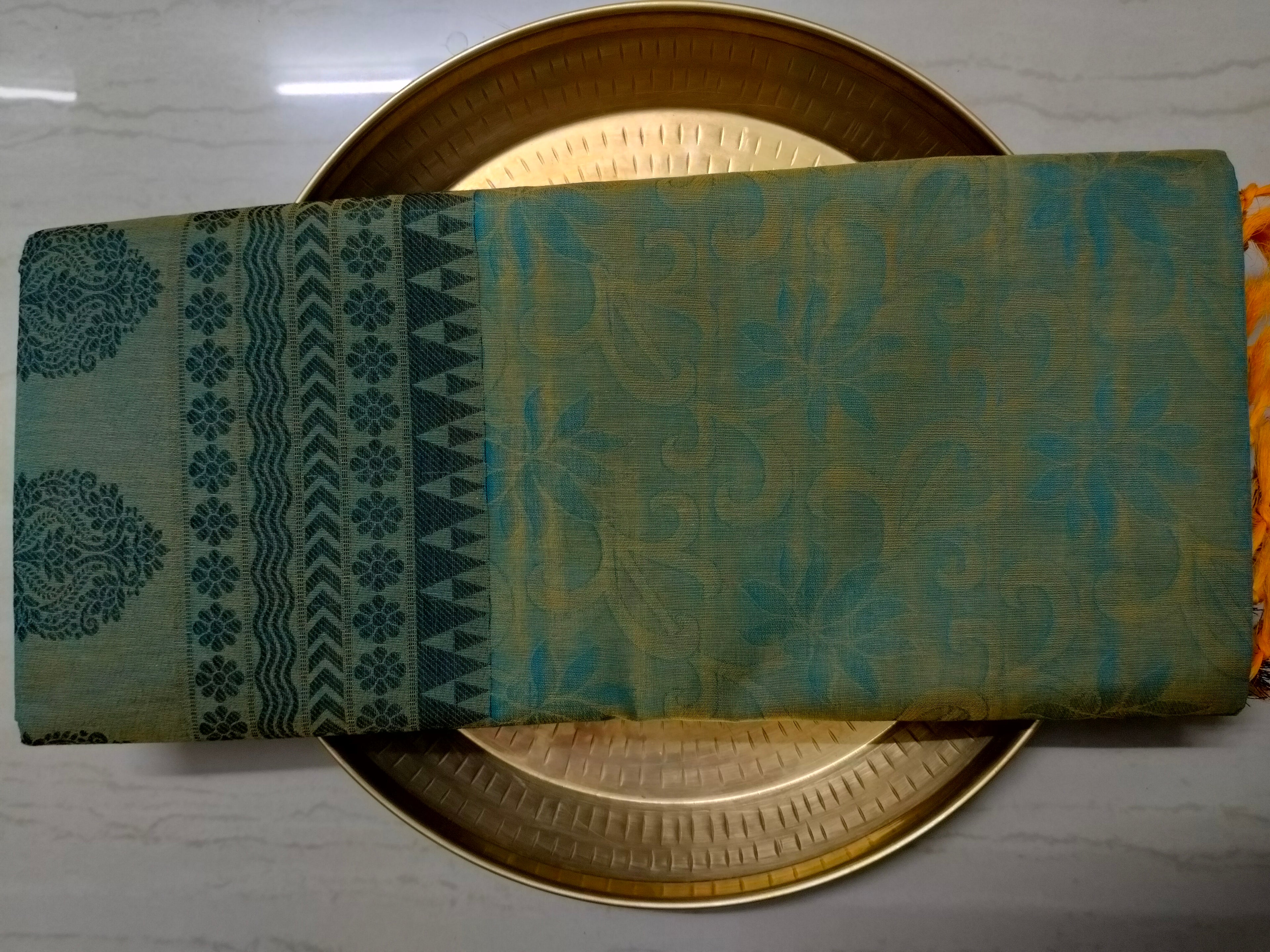 Green embossed cotton saree