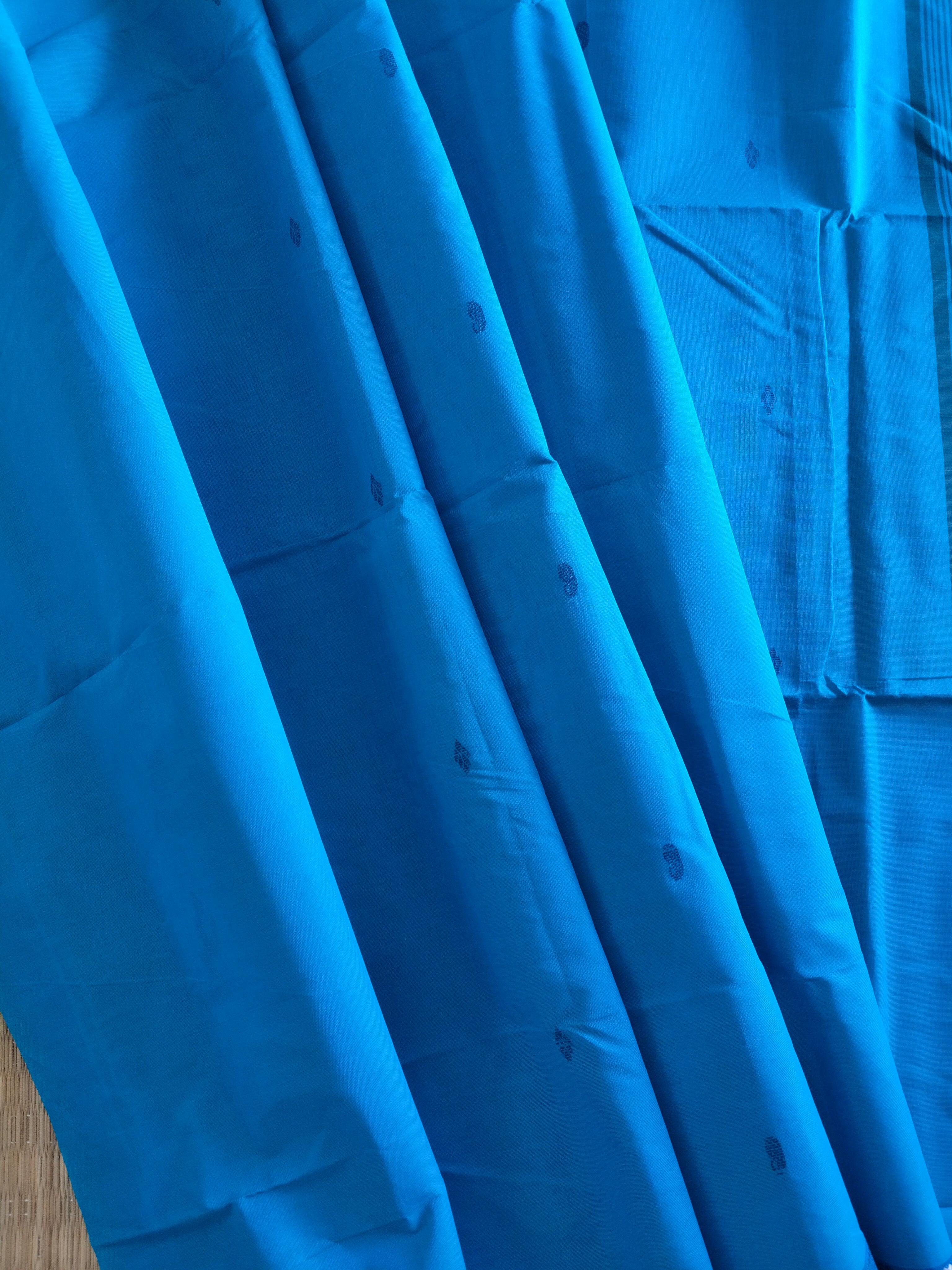 Blue chettinad cotton saree with Mango buttas and zari border