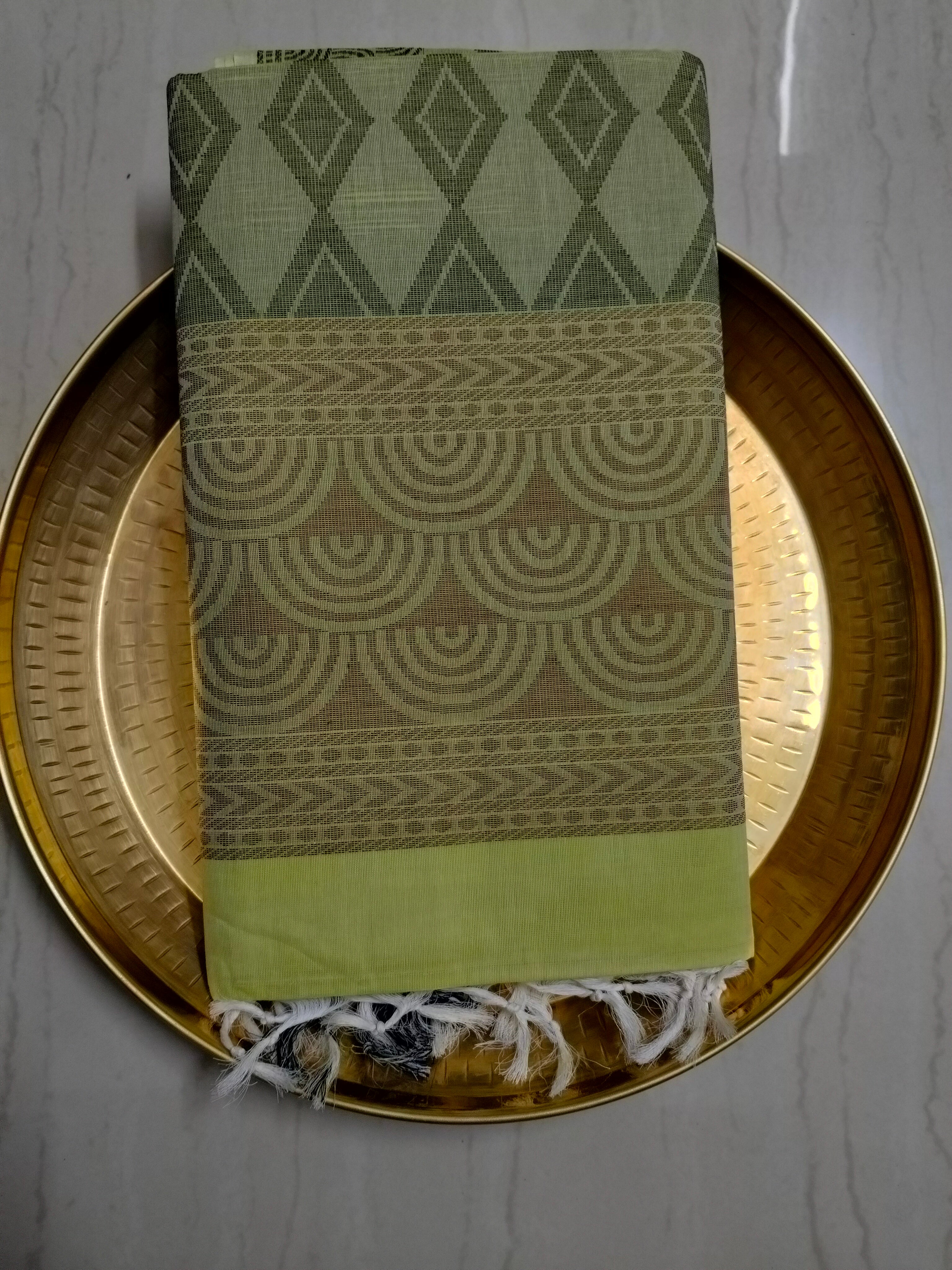 Lime cream cotton saree with thread buttas