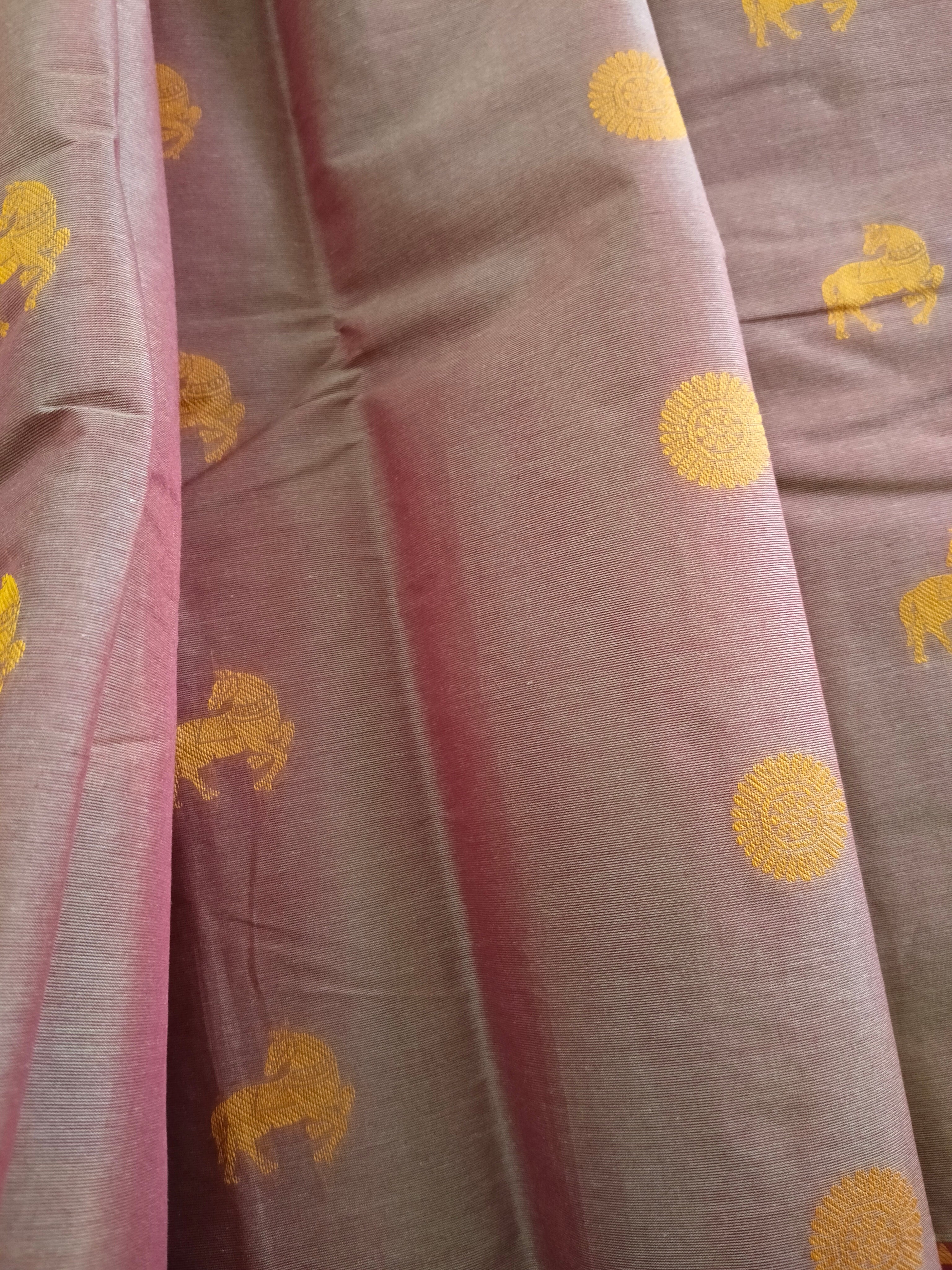 Deep Salmon cotton saree with horse & rudhrasham and ganga jamuna border