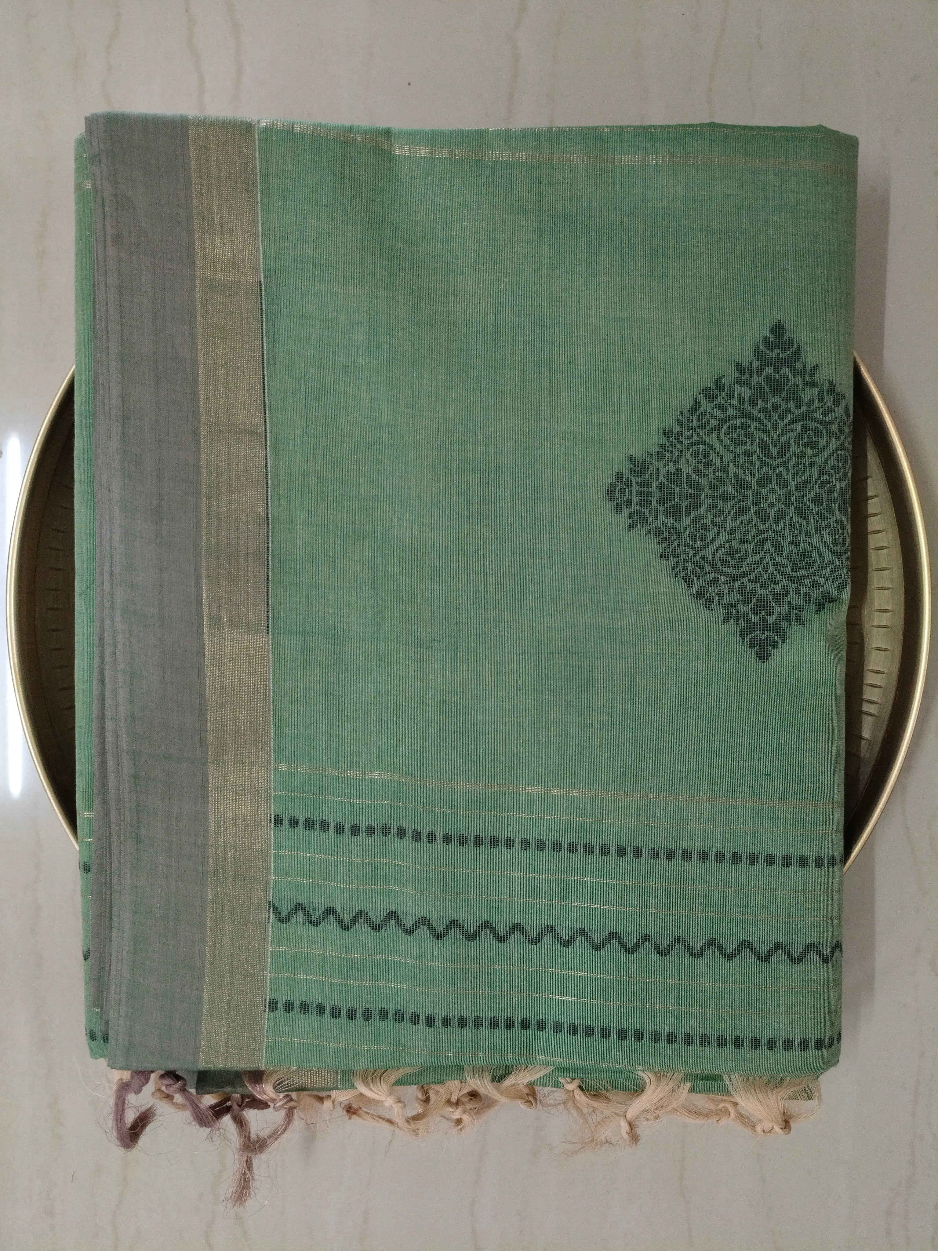 Green cotton saree with golden zari vertical lines & buttas