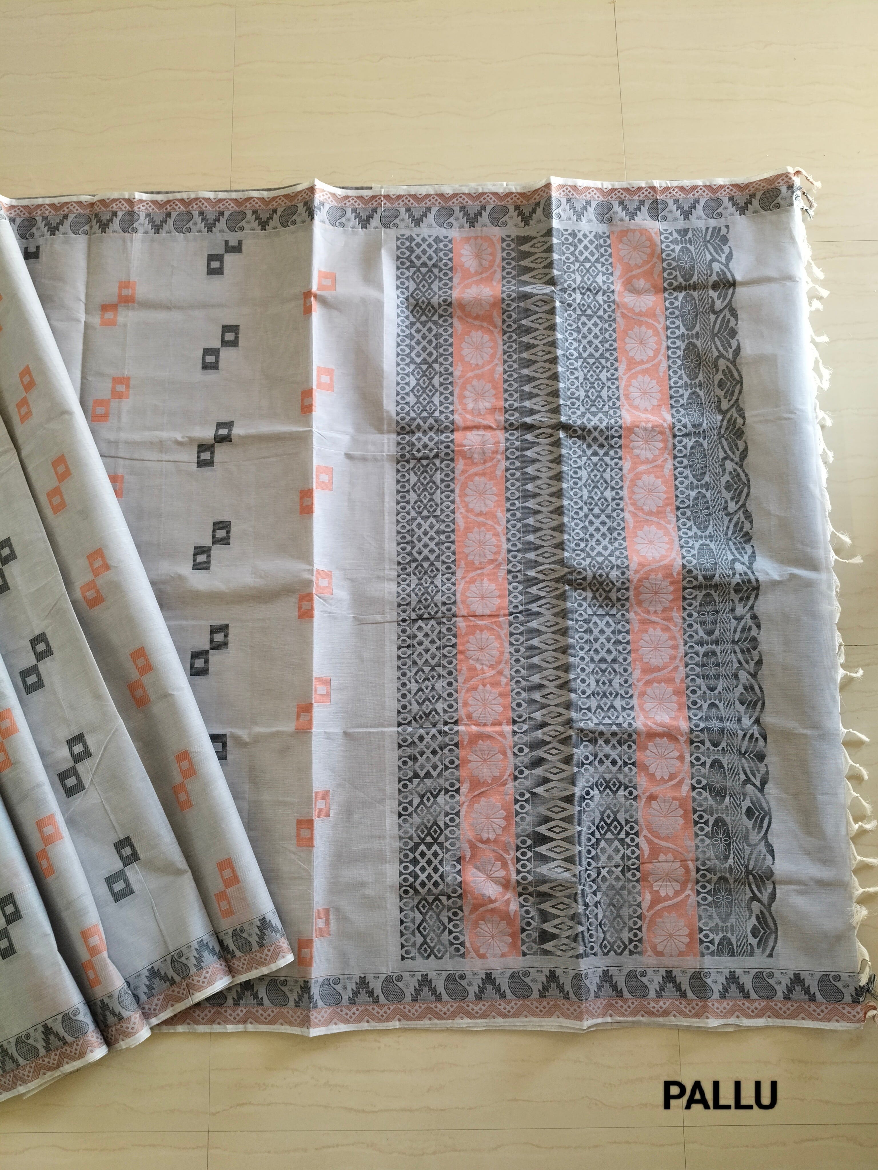 Grey cotton saree with square buttas