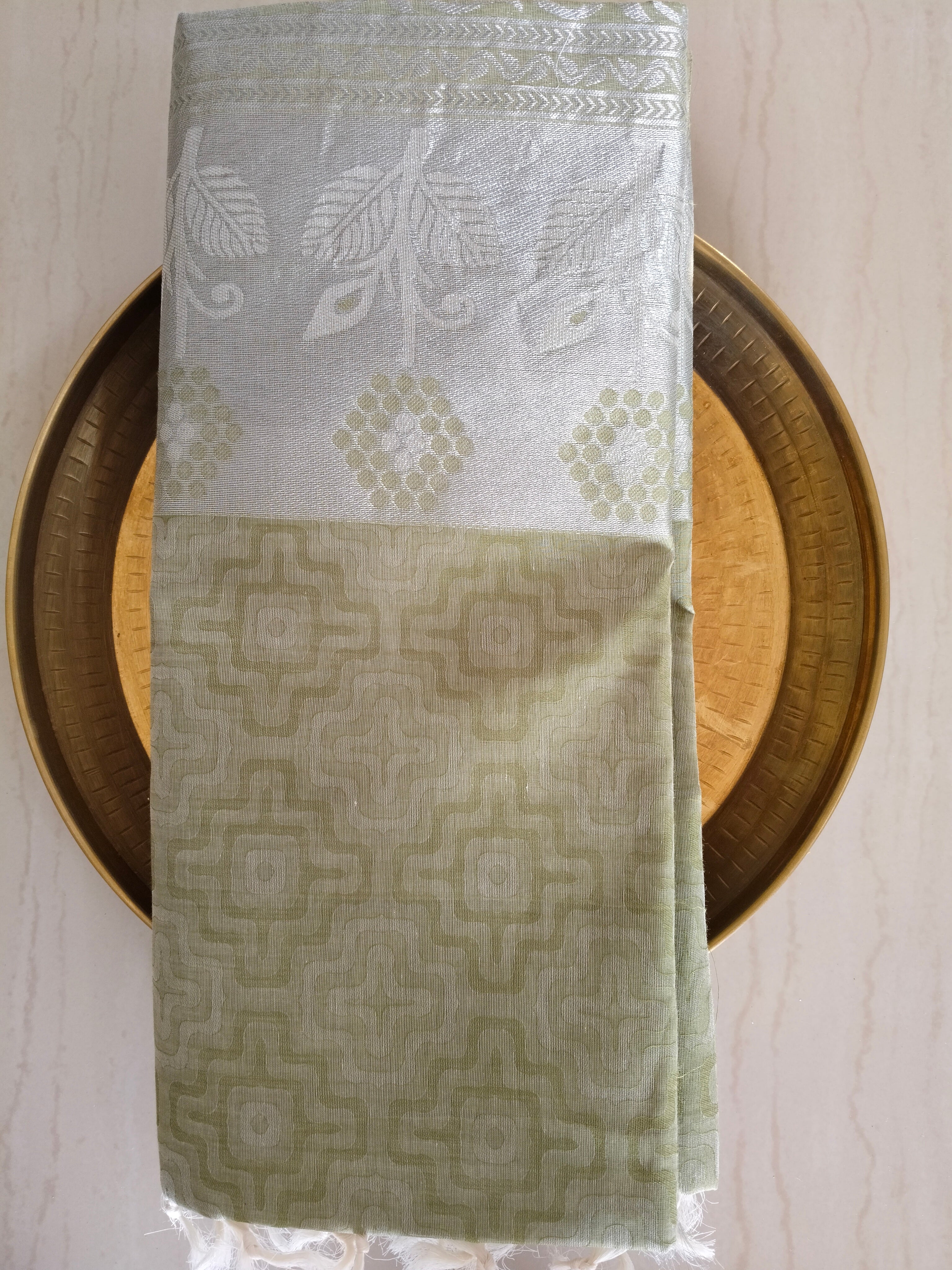 Fresh Olive colour cotton saree with silver border and silver pallu