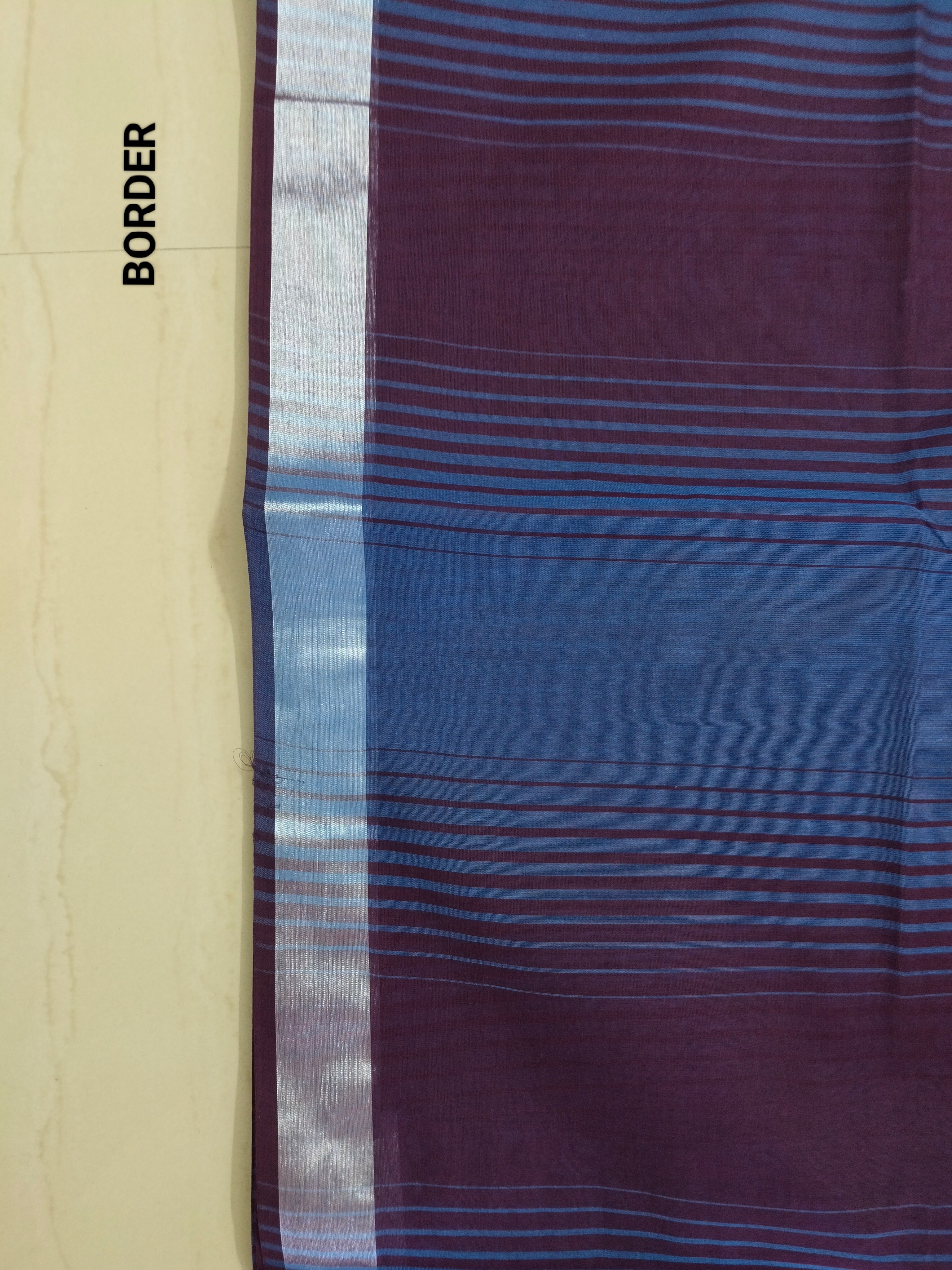 Blue cotton saree with Maroon stripes pattern and silver zari