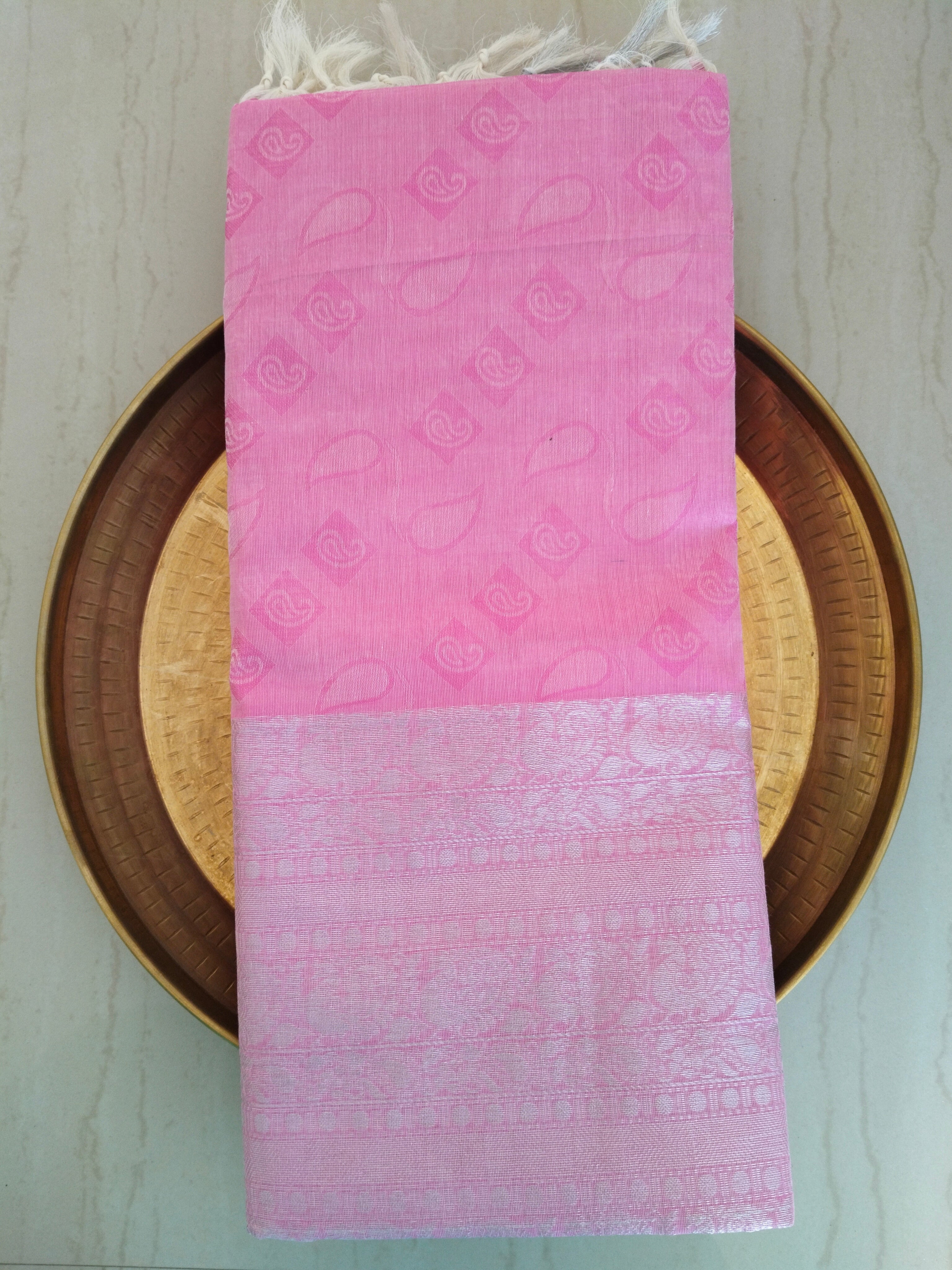Pink embossed cotton saree silver border and silver pallu