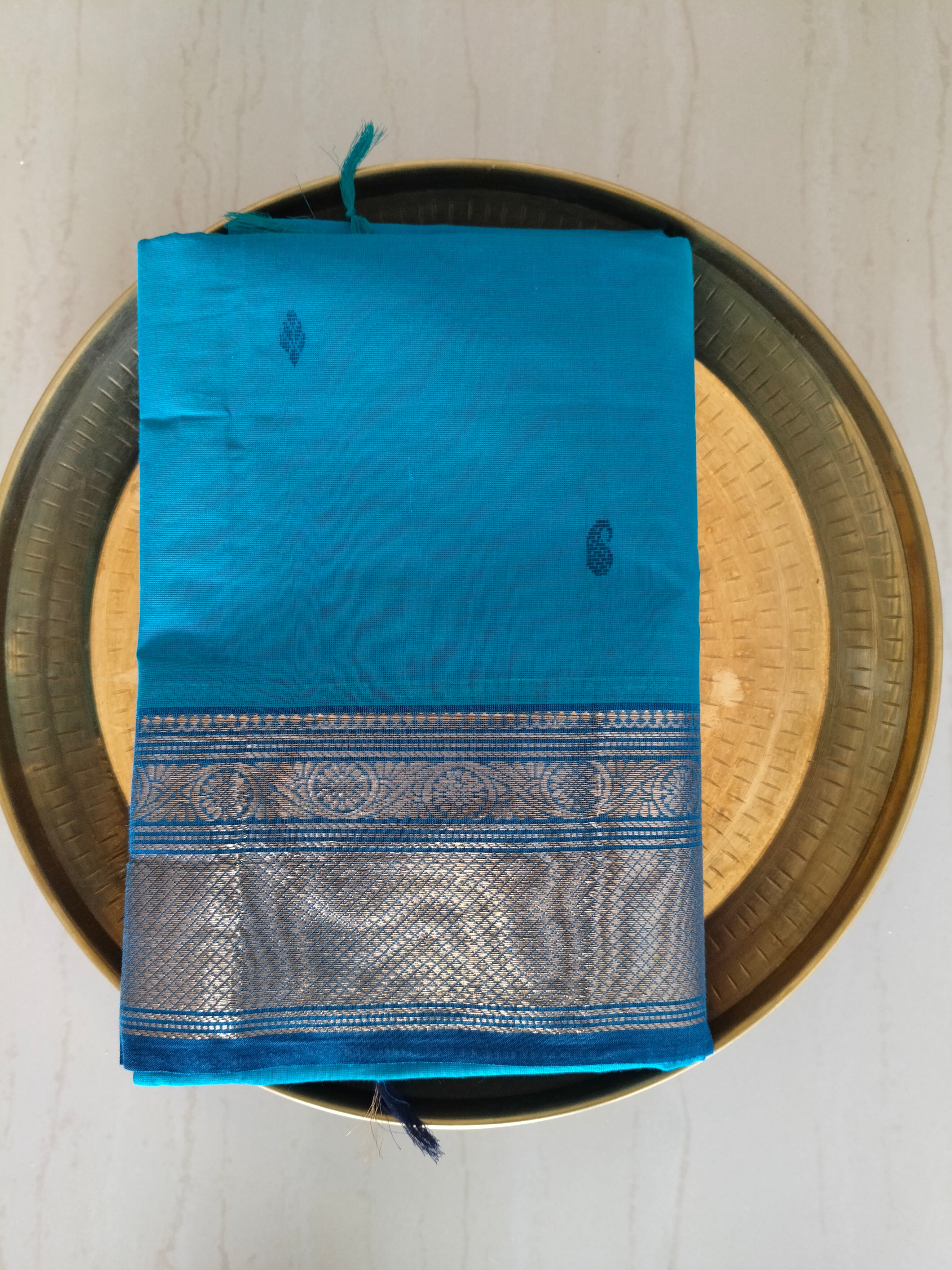 Blue chettinad cotton saree with Mango buttas and zari border