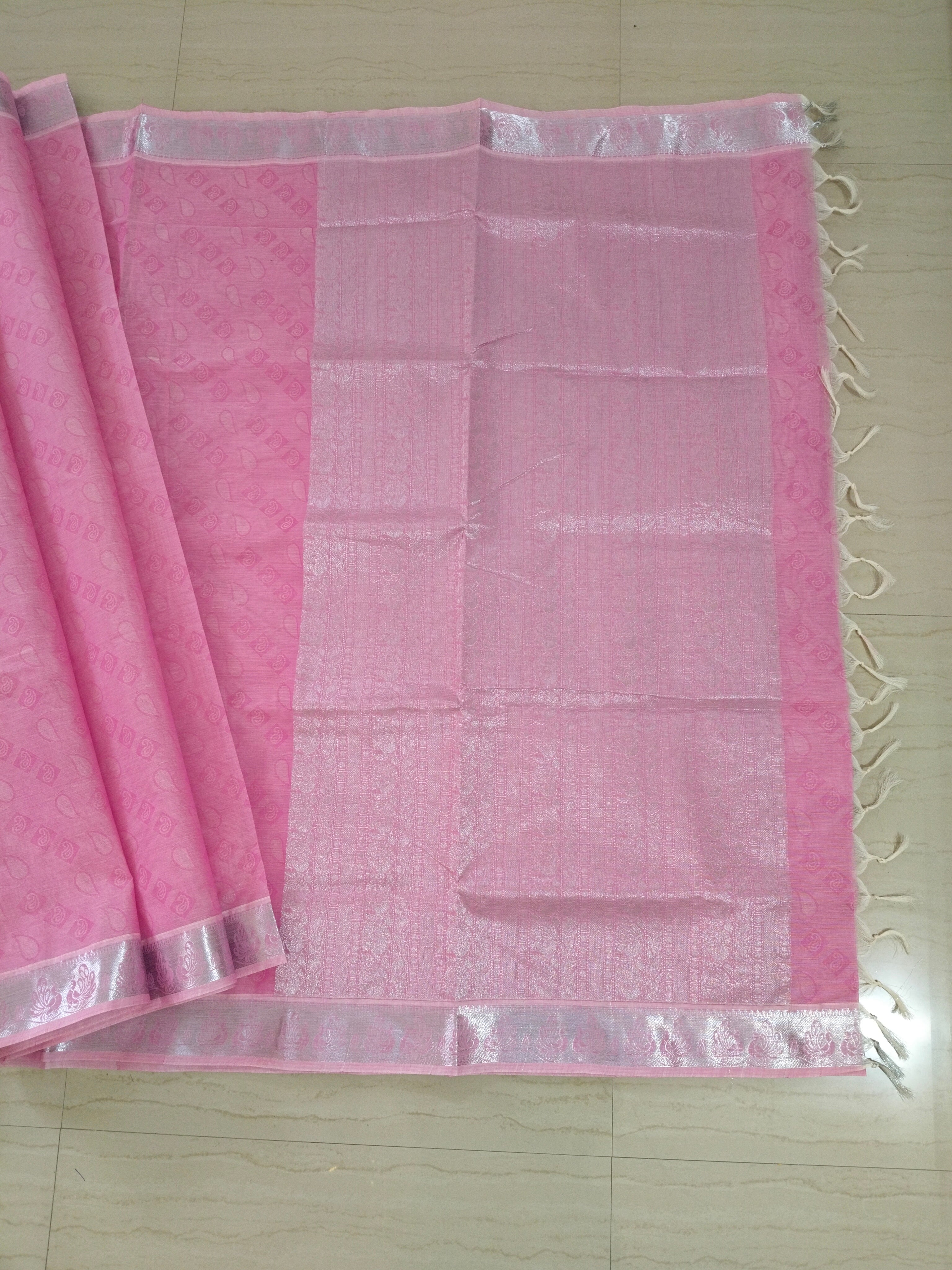 Pink embossed cotton saree silver border and silver pallu