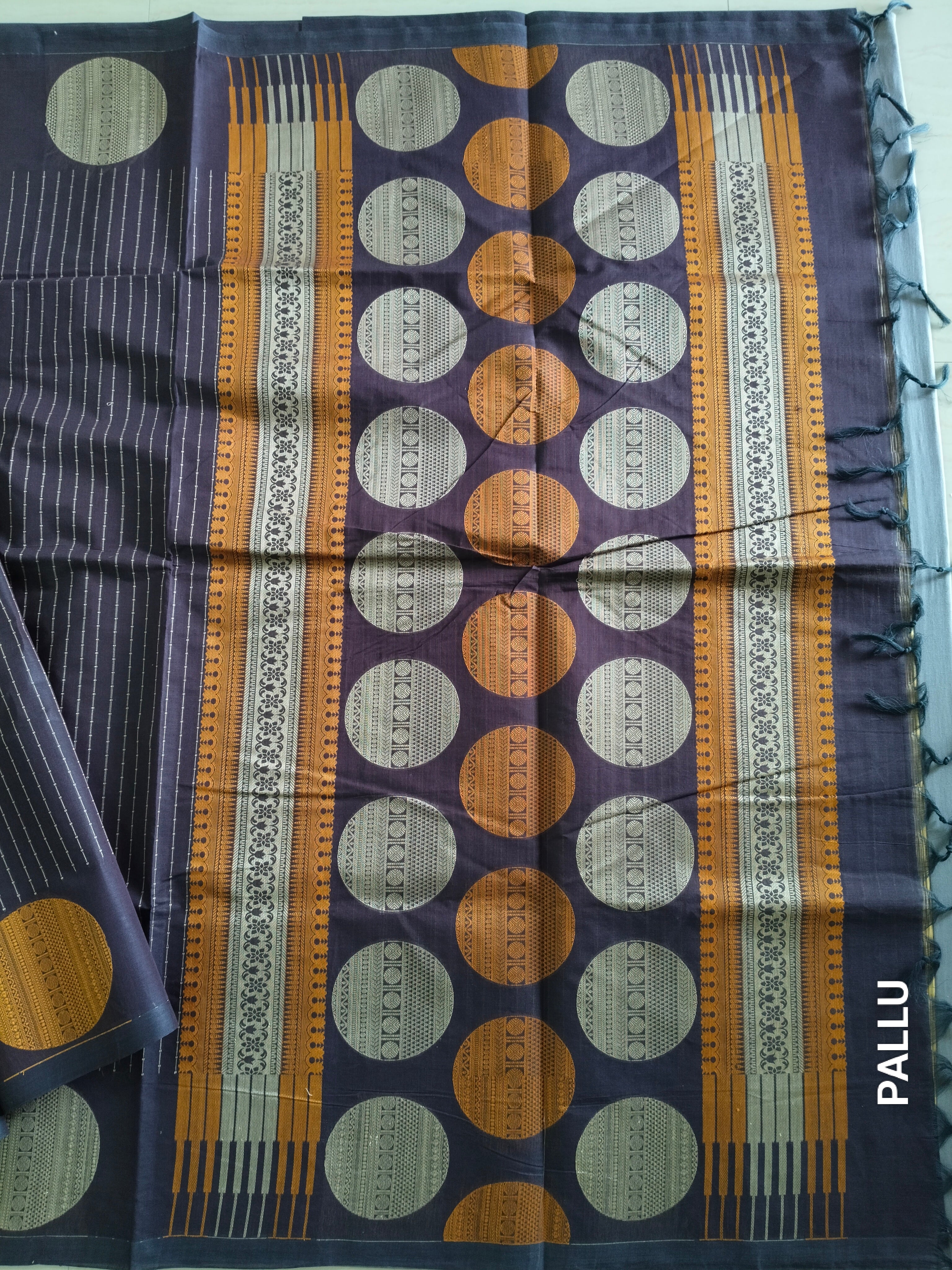 Coffee brown cotton saree with white vertical thread embroidery & rudhrashams in the border