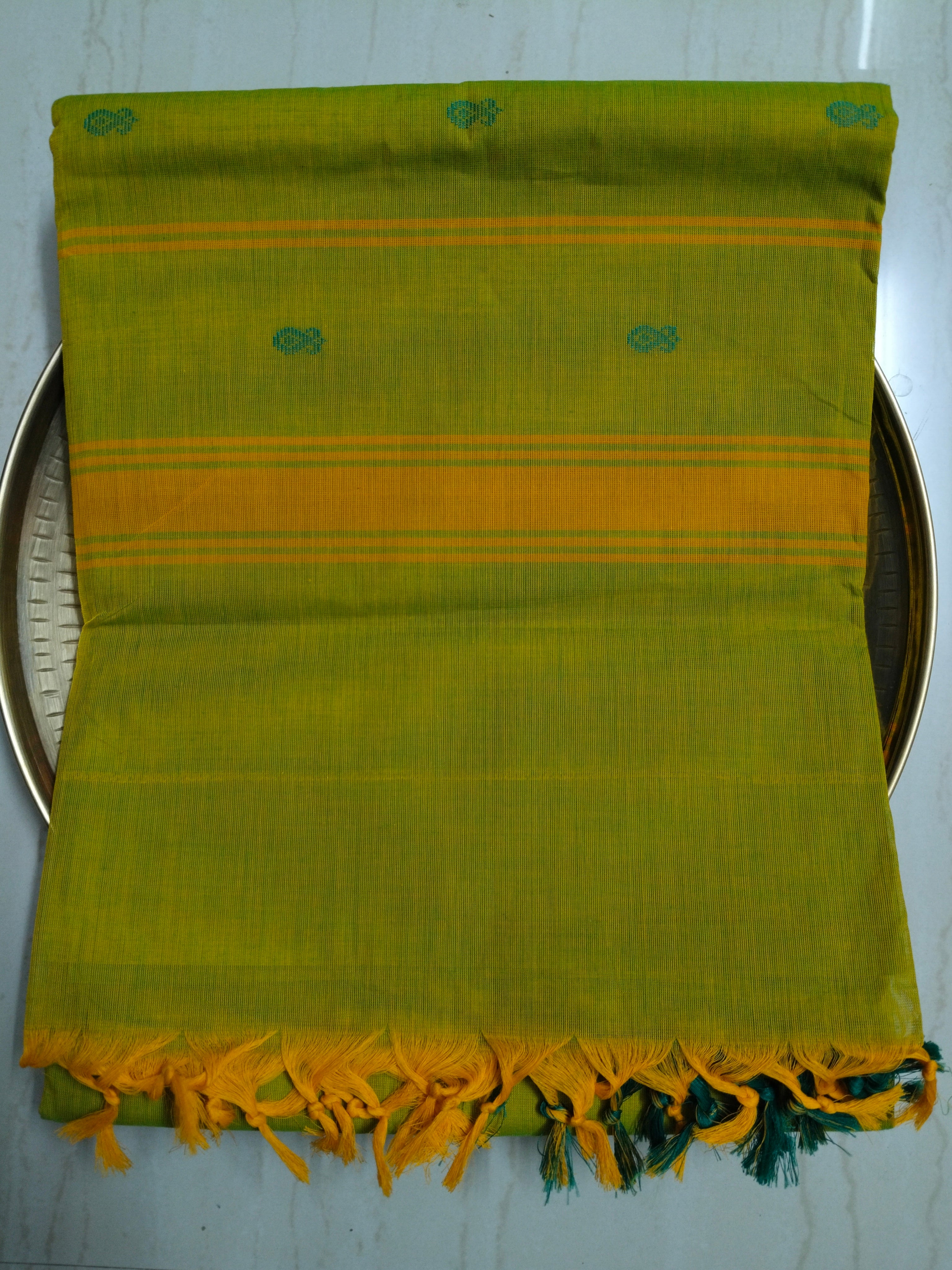 Bright yellow-green cotton saree with buttas all over