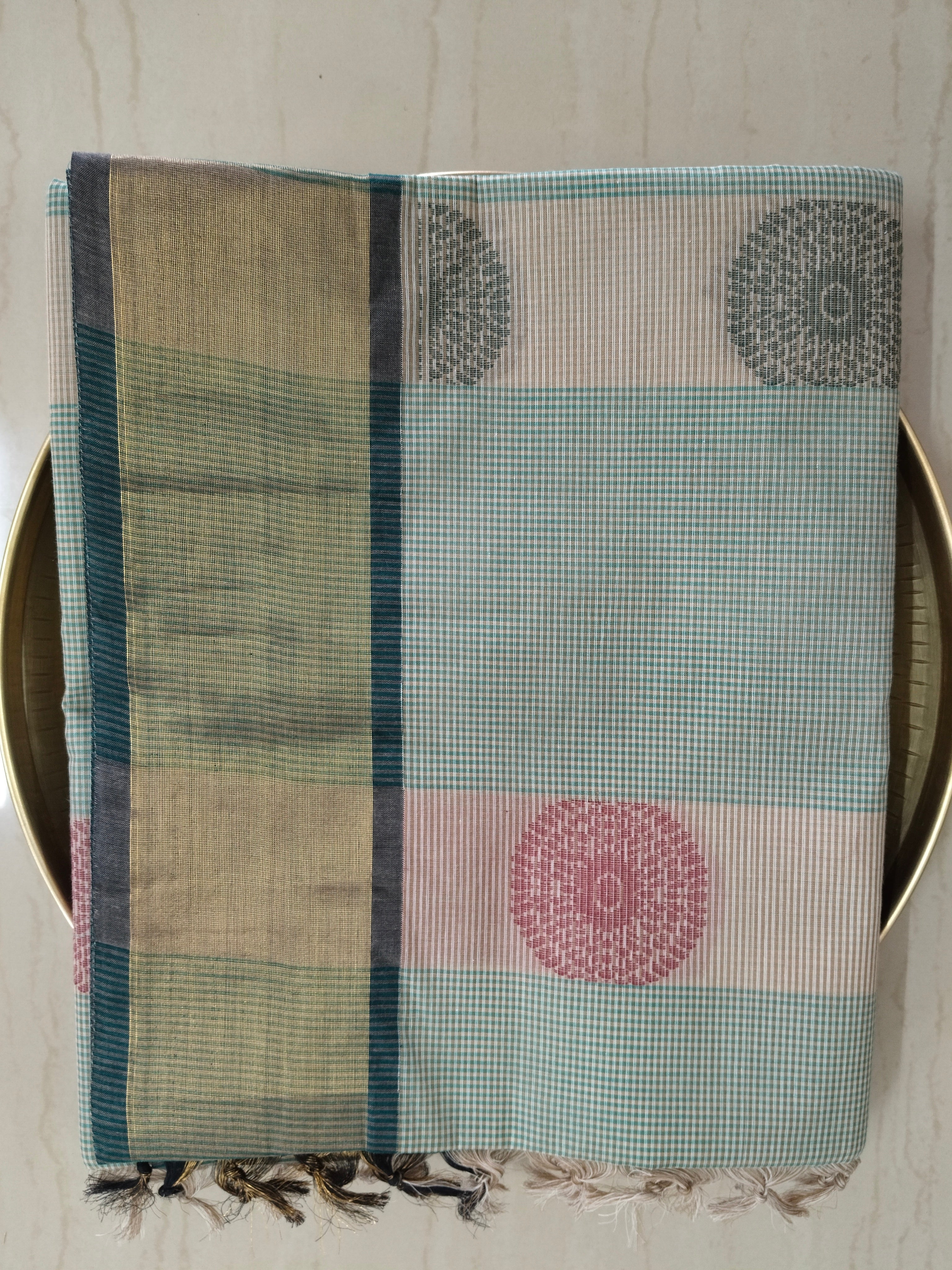 Green podi kattam & bisque beige cotton saree with zari border