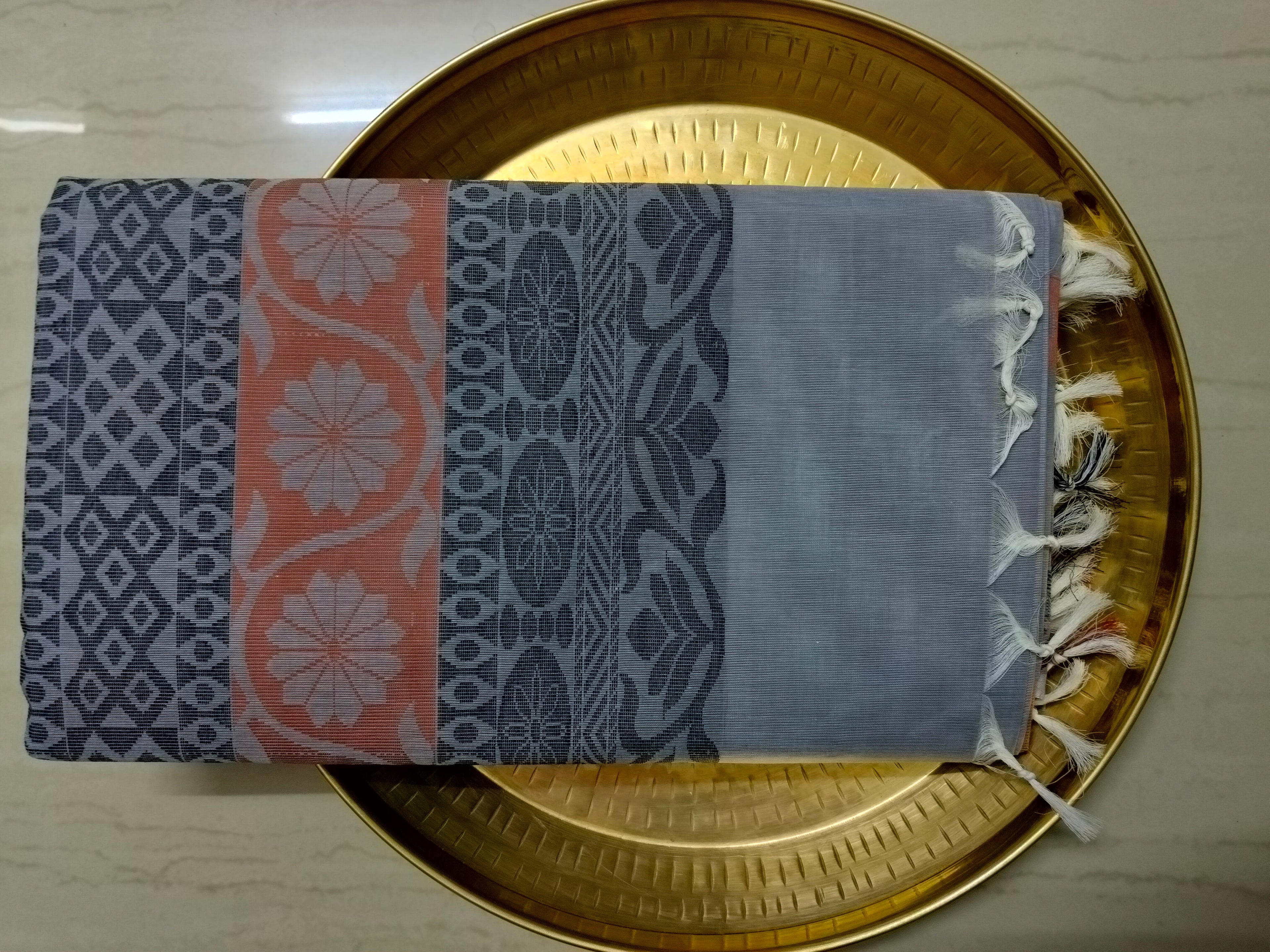 Grey cotton saree with square buttas