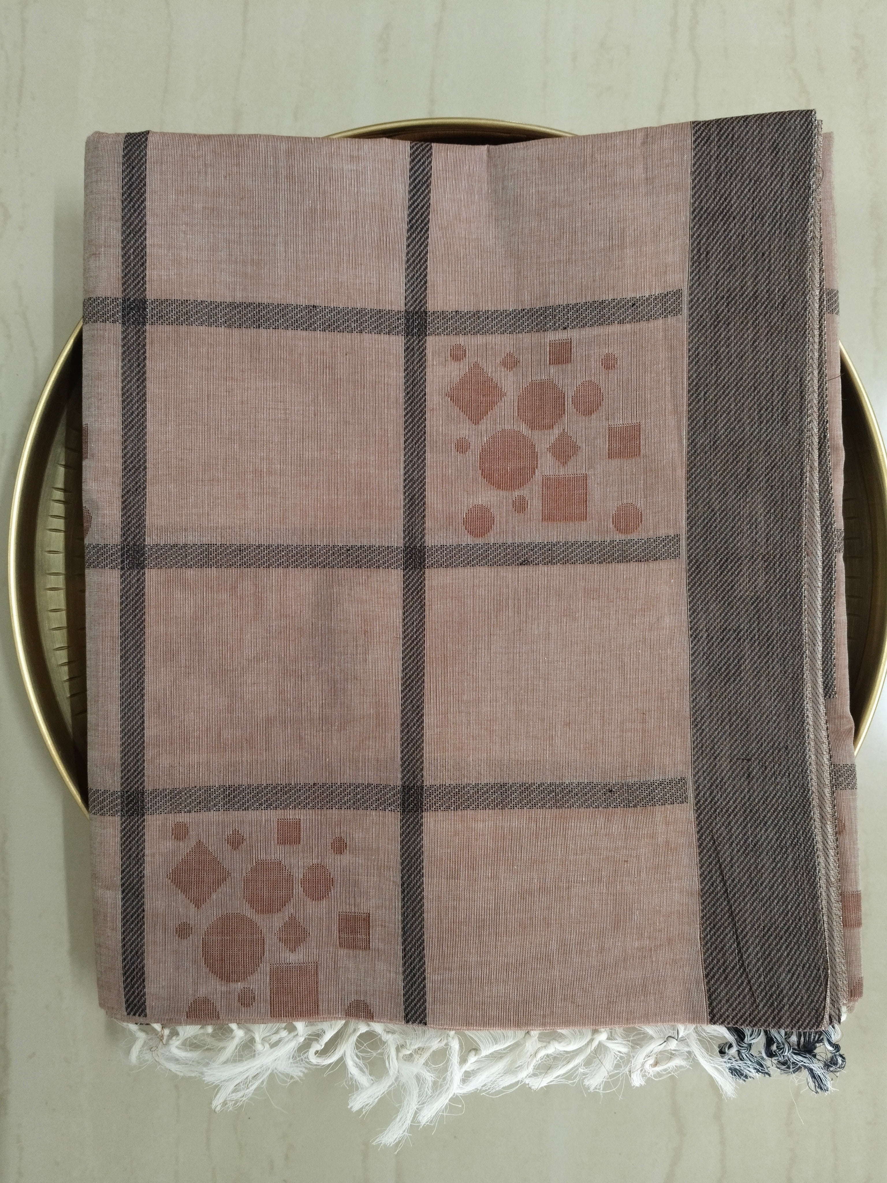 Latte beige checked cotton saree