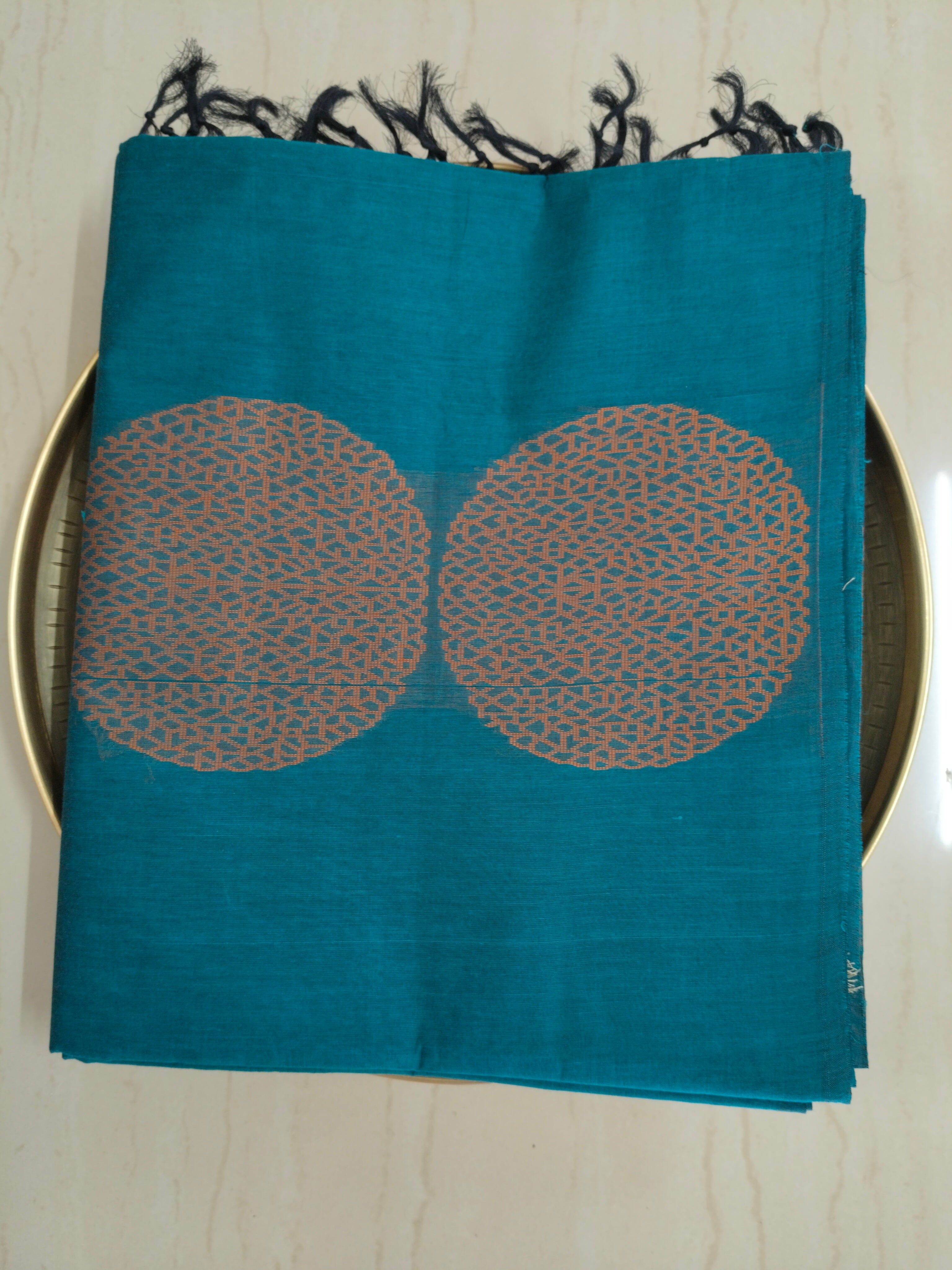Blue cotton saree with silver & copper zari buttas