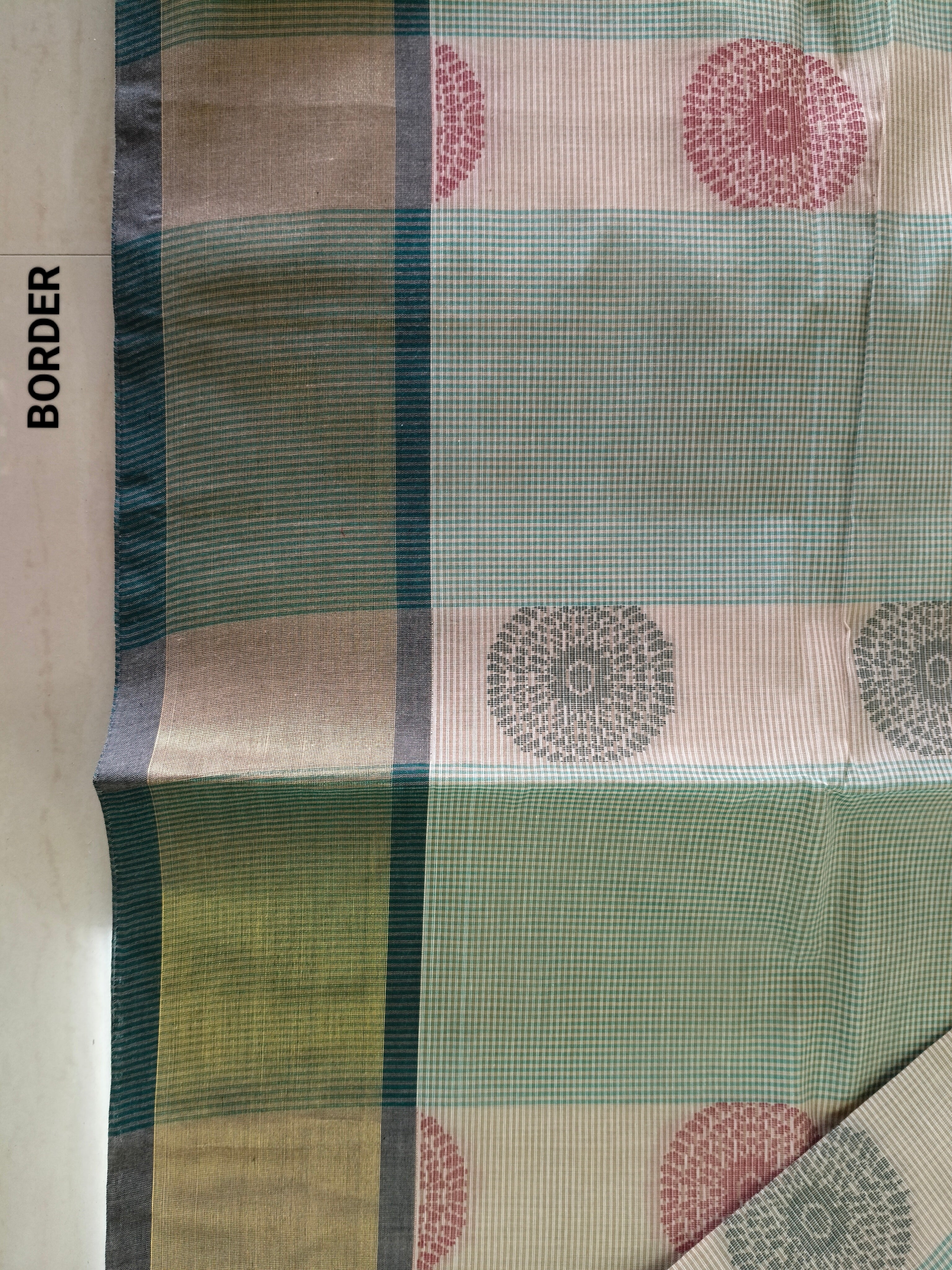 Green podi kattam & bisque beige cotton saree with zari border