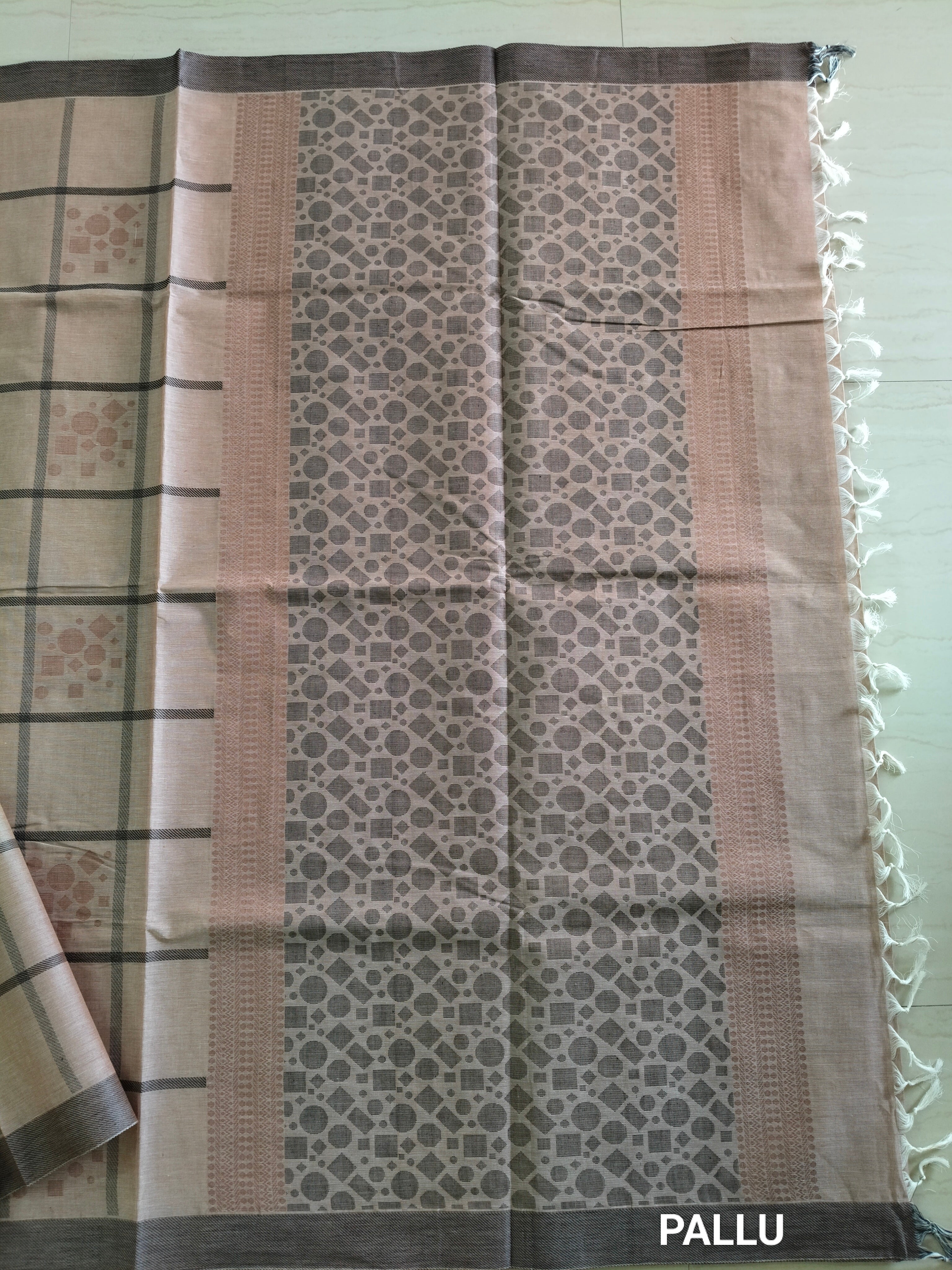 Latte beige checked cotton saree