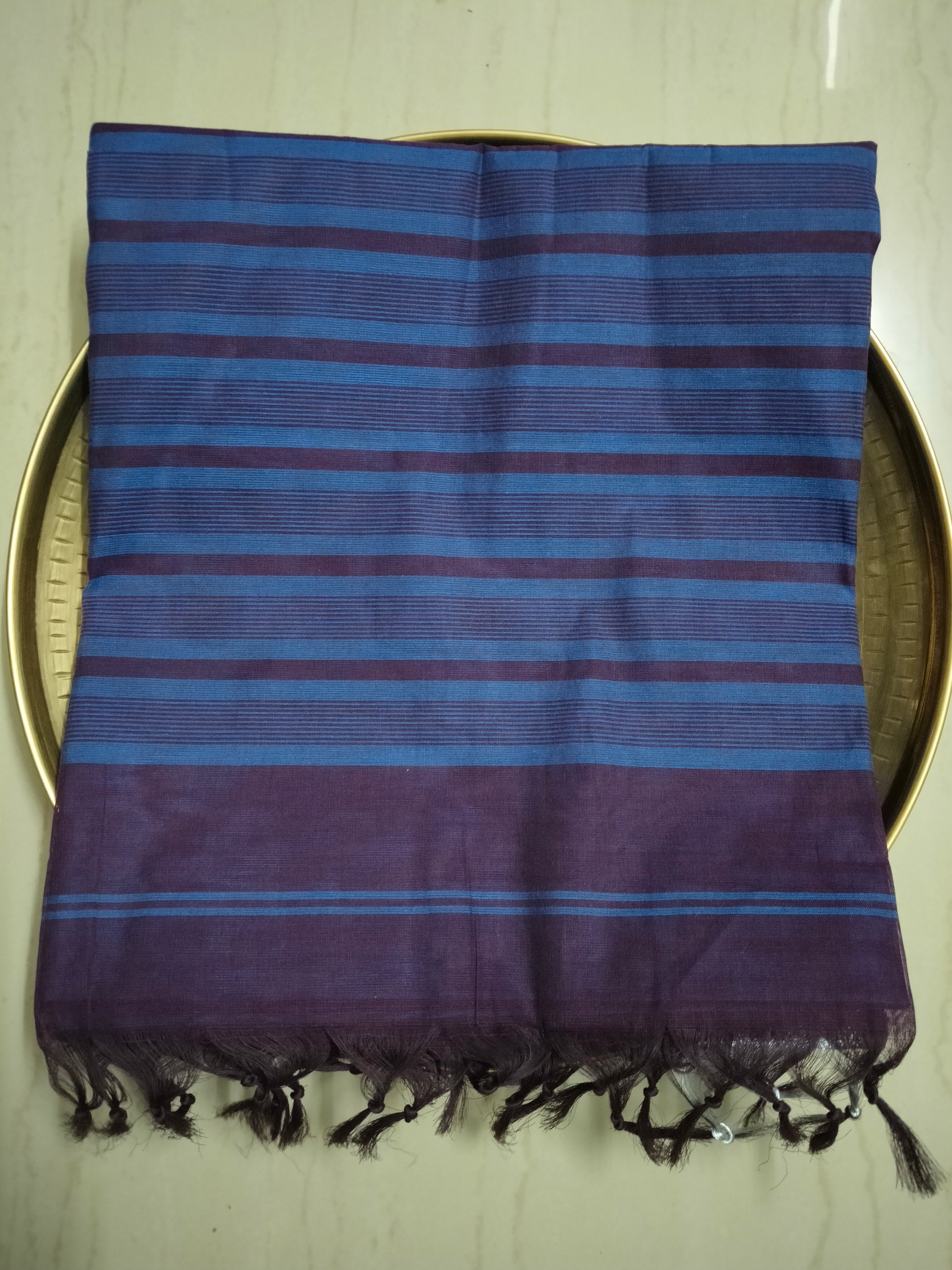 Blue cotton saree with Maroon stripes pattern and silver zari