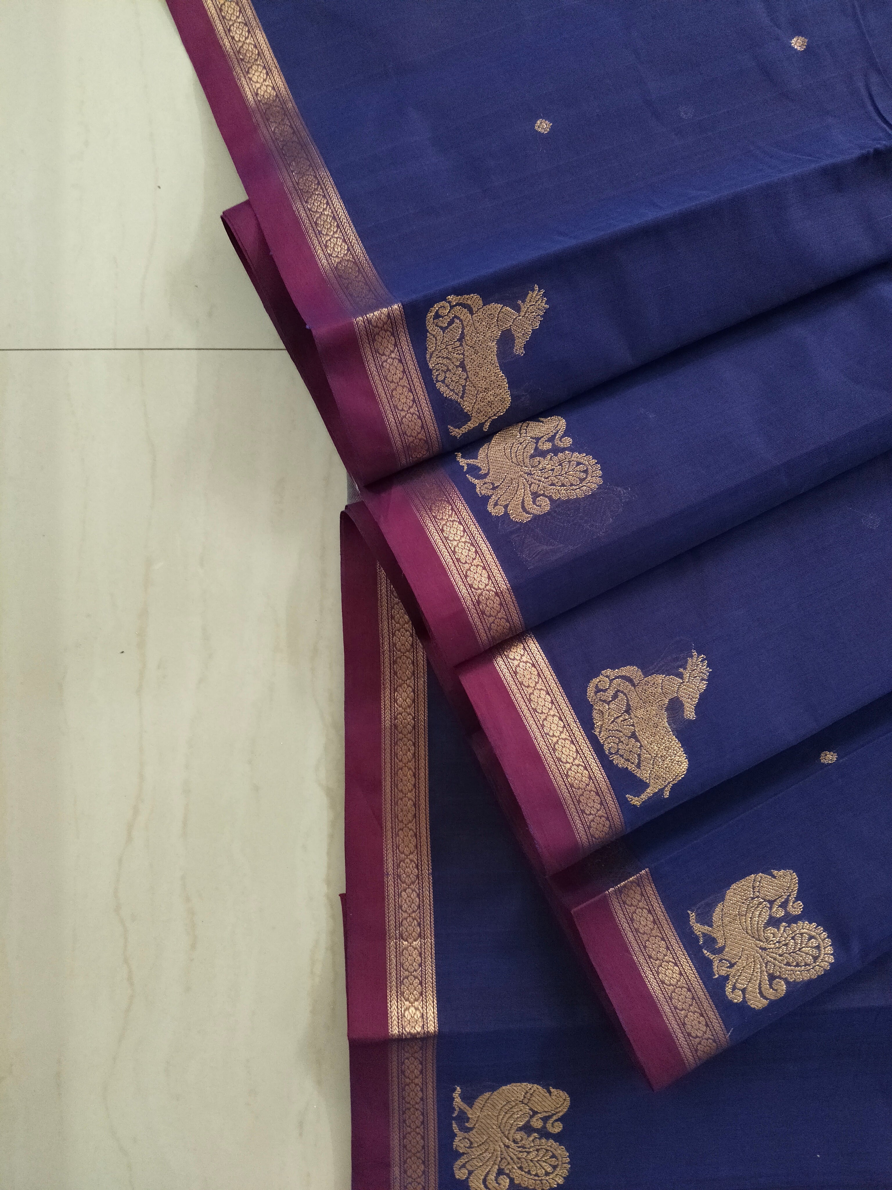Blue golden zari cotton saree with small buttas & grand pallu
