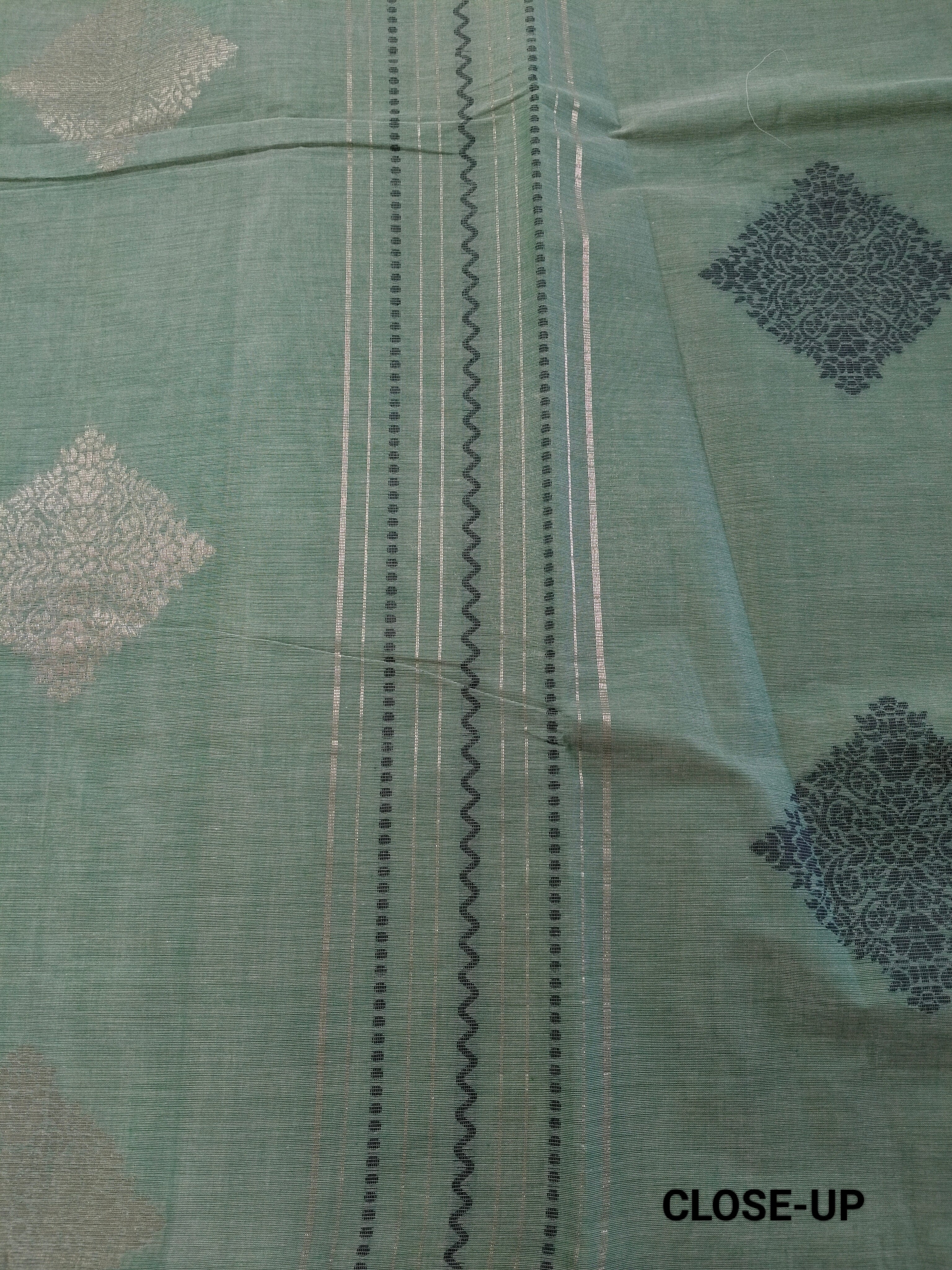 Green cotton saree with golden zari vertical lines & buttas