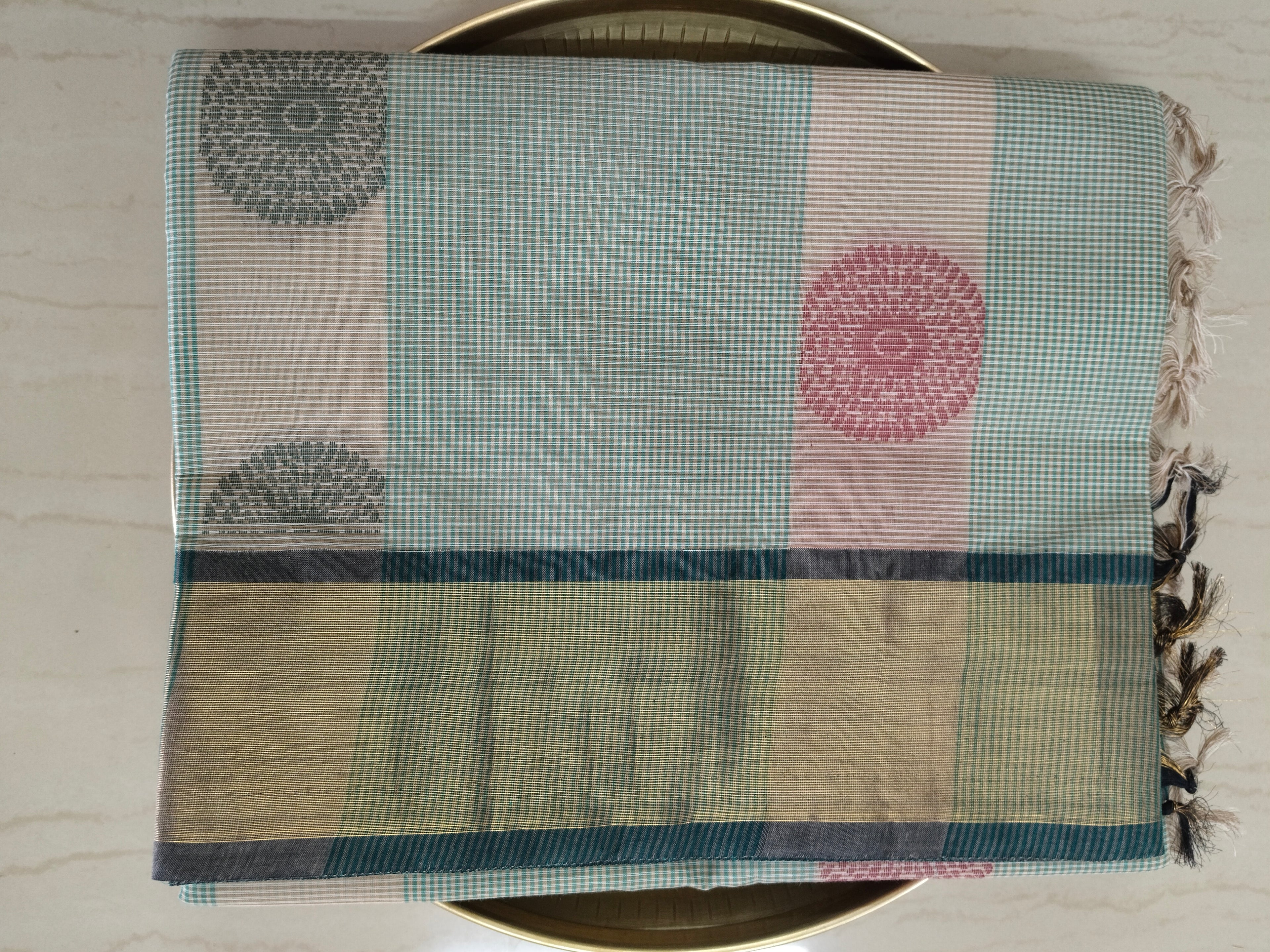 Green podi kattam & bisque beige cotton saree with zari border