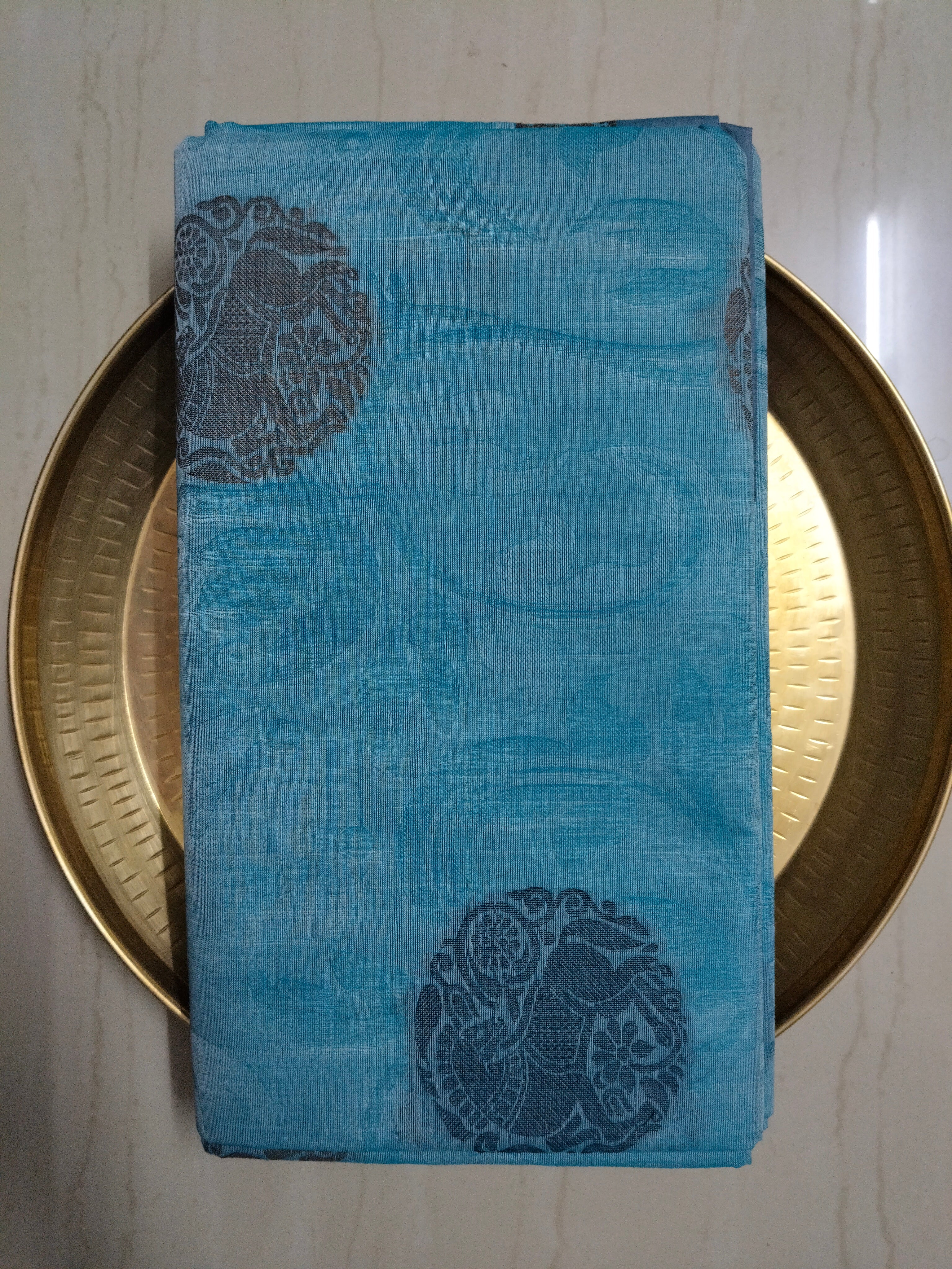 Blue embossed cotton saree with horse butta thread work